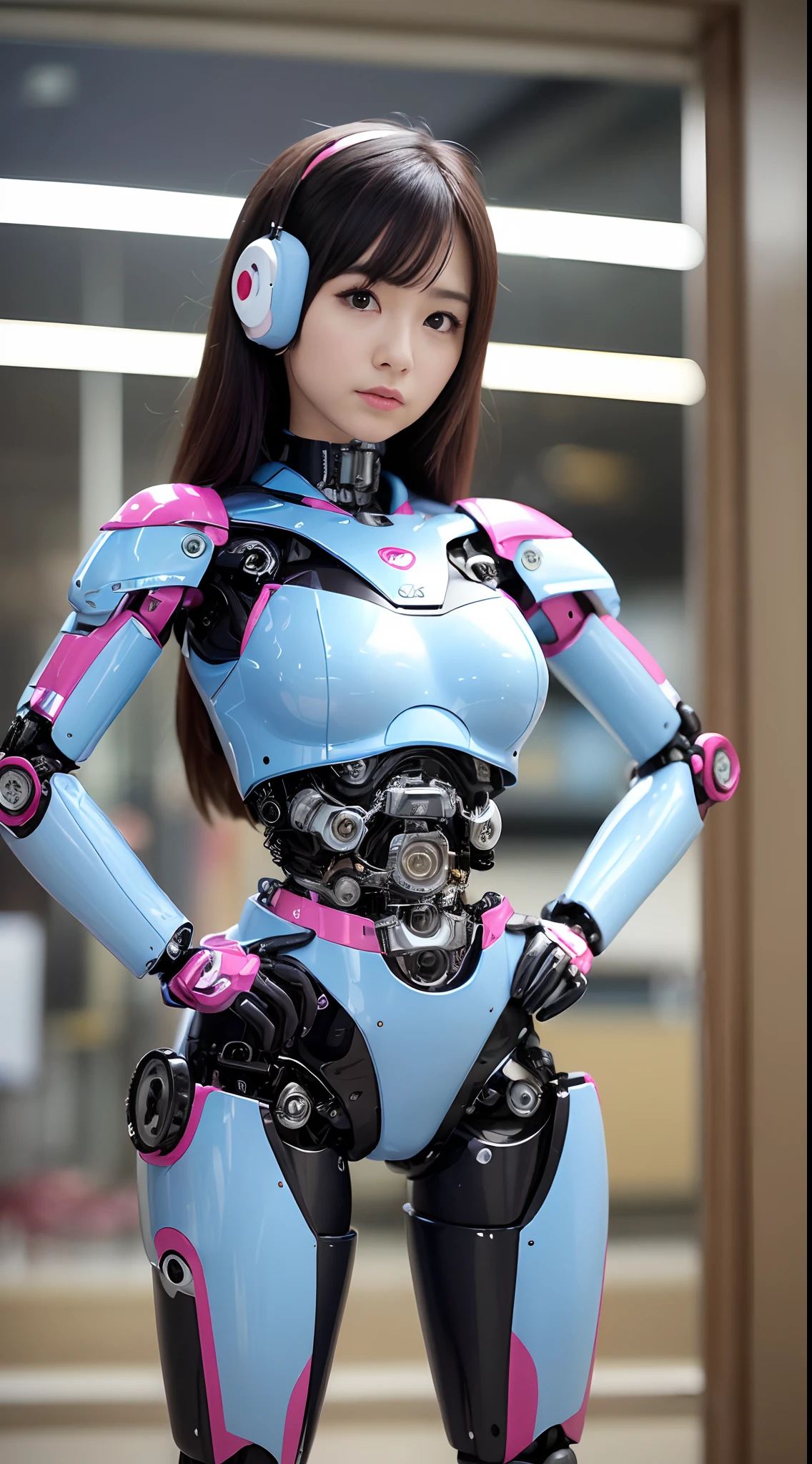 (Photorealsitic:1.4)、one woman、(top-quality)、(hyperdetailed face)、(Super well-formed face)、((Robot Parts))、(Female-Robot)、(28 years-old)、(Blue)、(pink there)、(Burgundy)、(metallic)、(full-body)、(sexy pose)、(Slender body)、(Model body type)、(full body mech)、(mechanical exposure)、(Akihabara)、(is looking at the camera)、(A dark-haired)、(Well-proportioned lady)、(a small face)、(well-groomed fingers)、(Idol)、(front facing)、(Standing with legs open)、(Hands on hips)、(Photo session)、(Looks sad)、(perfect-female-robot)、(perfect-mechanical-body)