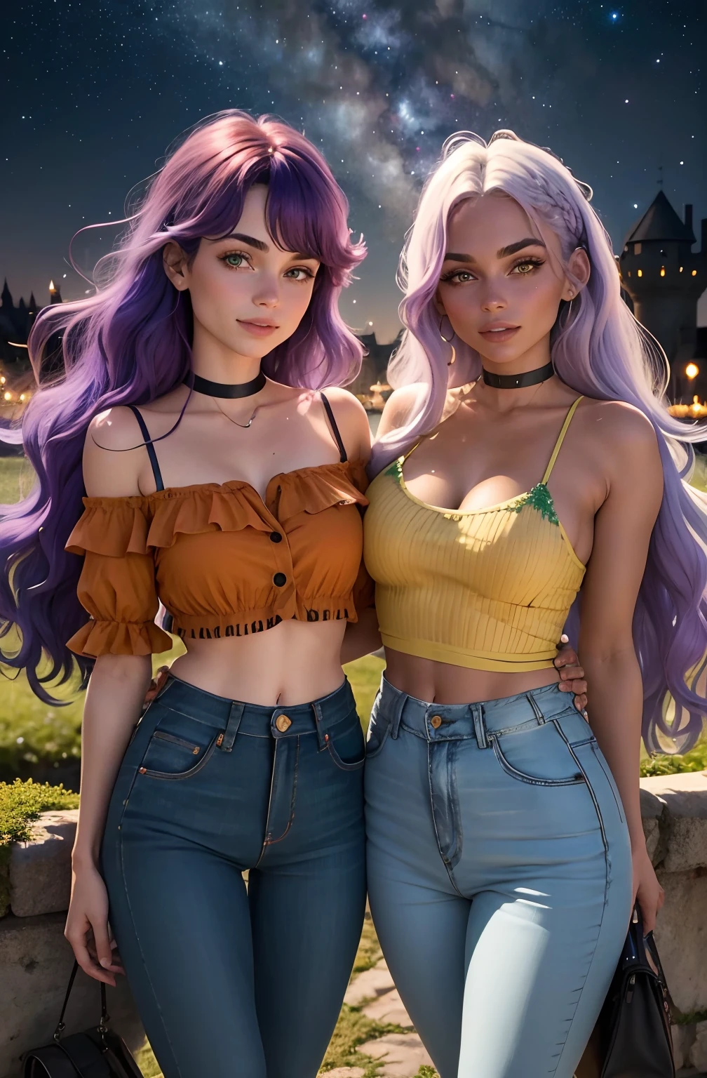 melhor qualidade, realista. 2 garotas distantes uma para a outra, uma garota tem cabelo vermelho/laranja/ruivo/vermelho fogo. A outra garota tem cabelos curtos pretos/Verde/lilac with blue locks. They are dressed in pants/ saia jeans e cropped, The English girls stand in front of a dark castle, night and starry sky. It's night the night sky is starry. They have hair of different colors, bem como tom de pele diferentes