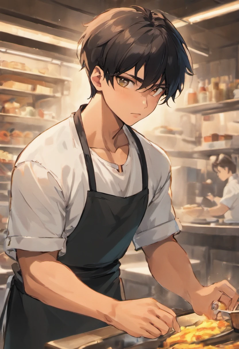 Anime guy in apron preparing food in a kitchen with a large pan - SeaArt AI