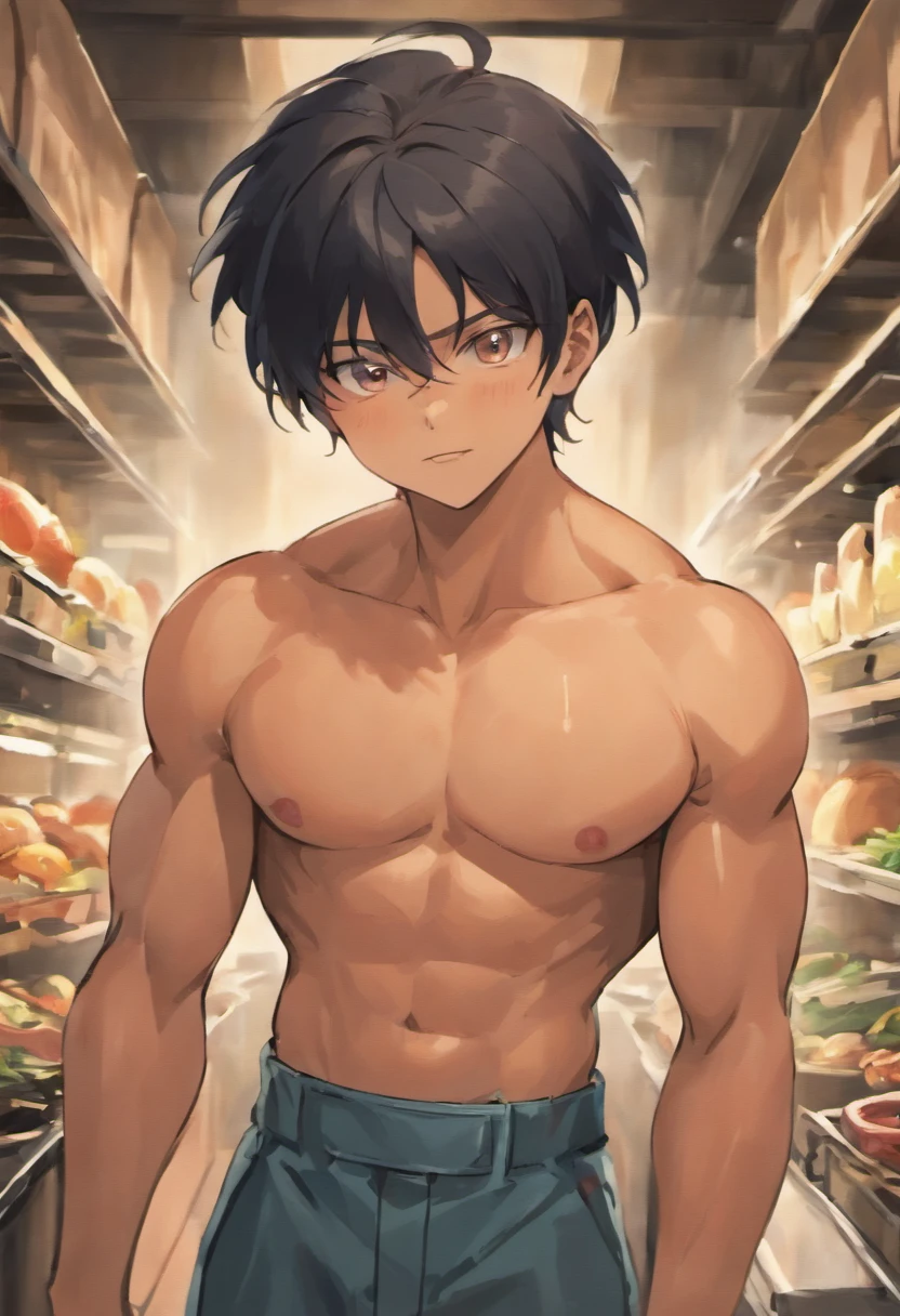 Male, light skin, black hair, Hispanic, muscular body, has facial hair, freckles, wearing Chef outfit, Texas city, 8k looking at viewer with a sexy glance