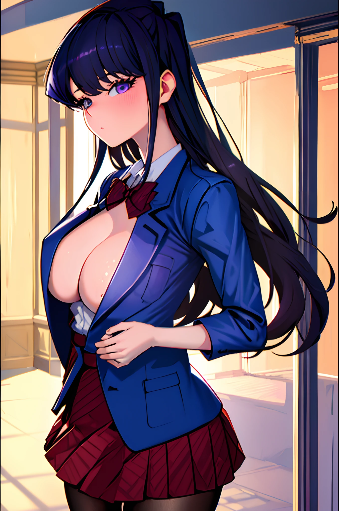 ((komi shouko)), 1girl, bangs, black pantyhose,cleavage_cutout,bursting breast,(covering breast),undersized clothes,cleavage,(blue blazer:1.3), short sleeved shirt, blush, bow, bowtie, breasts, closed mouth, collared shirt, cowboy shot, (diagonal-striped skirt), expressionless, outdoors, highres, (komi-san wa komyushou desu), long hair, looking at viewer, medium breasts, pantyhose, pleated skirt, purple eyes, purple hair, red bow, red bowtie, (red skirt:1.4), shirt, skirt, solo, striped, striped bow, striped bowtie, striped skirt, swept bangs, white shirt,higly detailed,masterpiece,depth of field, masterpiece, best quality, 4k, distinct image, Amazing, hyper detailed, extremely detailed cg, illustration, dramatic lighting, light source contrast, best illumination, high resolution,realistic, (ultra detailed),masterpiece, best quality,erotic,sexy,(masterpiece, best quality:1.4),high quality, highly detailed,detailed,perfect,(Highres), (Detailed Illustration), Ultra-Detailed, Ambient Light, Realistic Shadows, Detailed Face,blus,embarrassed