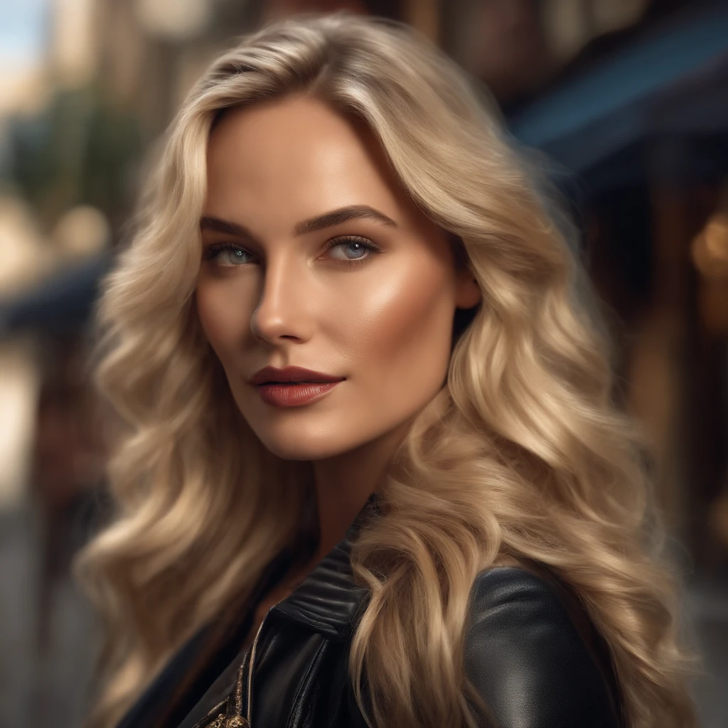 Generate a photorealistic photo of a blonde adorable woman in her 30s with long hair, a beautiful skin where the pores can be seen and modern designer clothing made of lacquer and leather from Dolce and Gabbana, View full body portrait