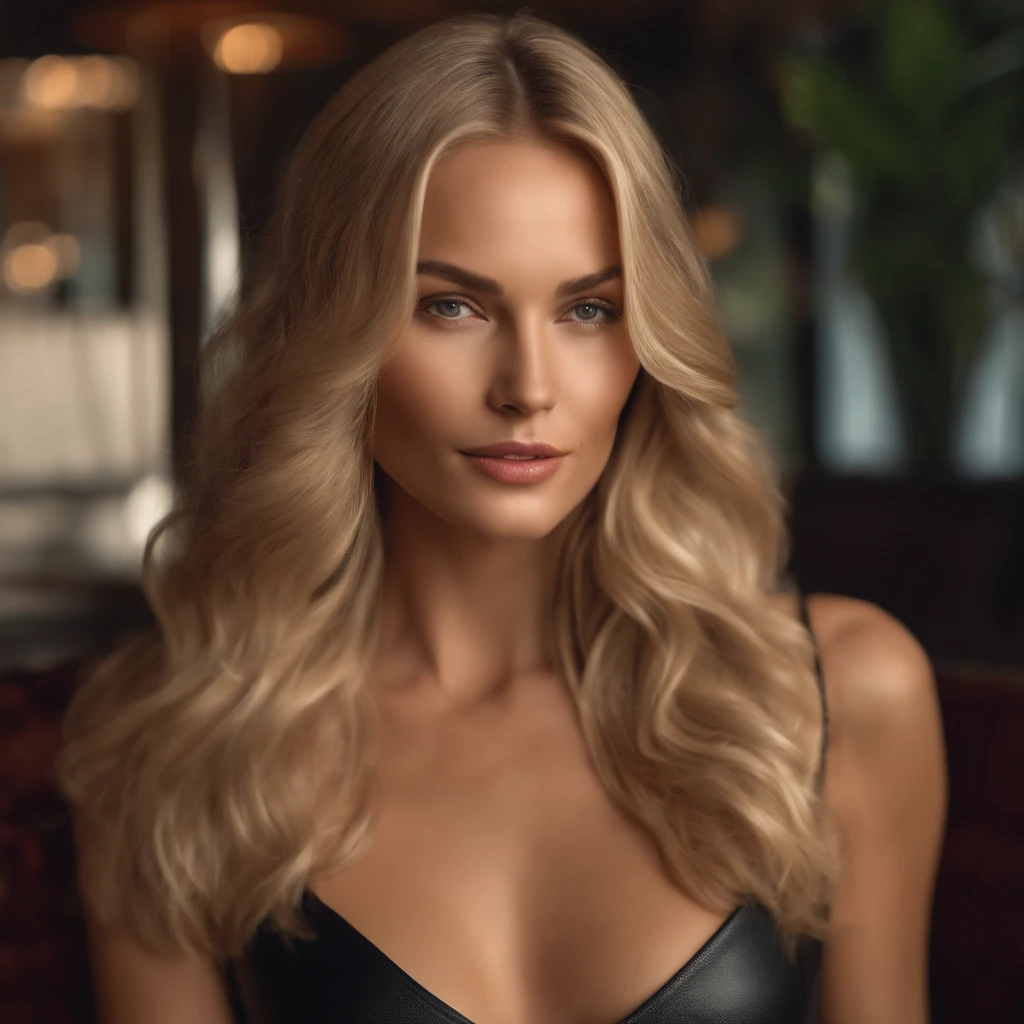 Generate a photorealistic photo of a blonde adorable woman in her 30s with long hair, a beautiful skin where the pores can be seen and modern designer clothing made of lacquer and leather from Dolce and Gabbana, View full body portrait