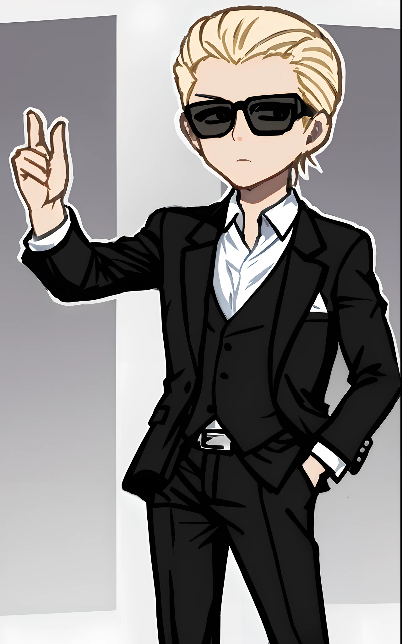 Caricatura de un hombre con traje y gafas de sol parado frente a una pared, Chibi, Albert Wesker, Retrato de cuerpo entero de Albert Wesker, Neo - Estilo Negro, Lleva un traje, Fanart de alta calidad, con traje negro, en un traje negro, Arte Chibi Digital Avanzado, Estilo Chibi, Luciendo genial y elegante, en traje con gafas negras