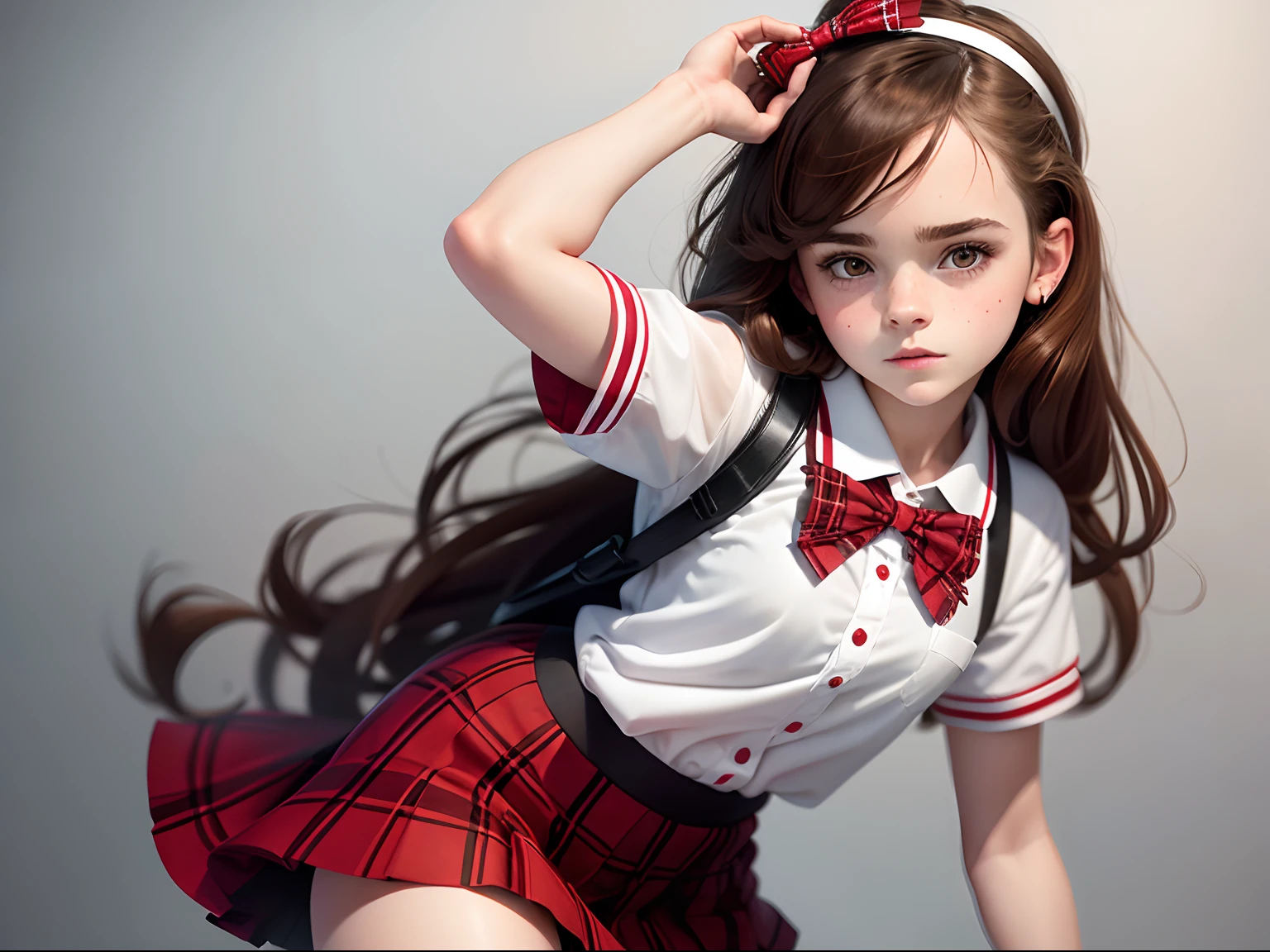 tween Emma Watson, (best quality), big headed, wearing a high school uniform, brunette colour hair, honeybee, White-black-red colour scheme, White headband, red plaid skirt