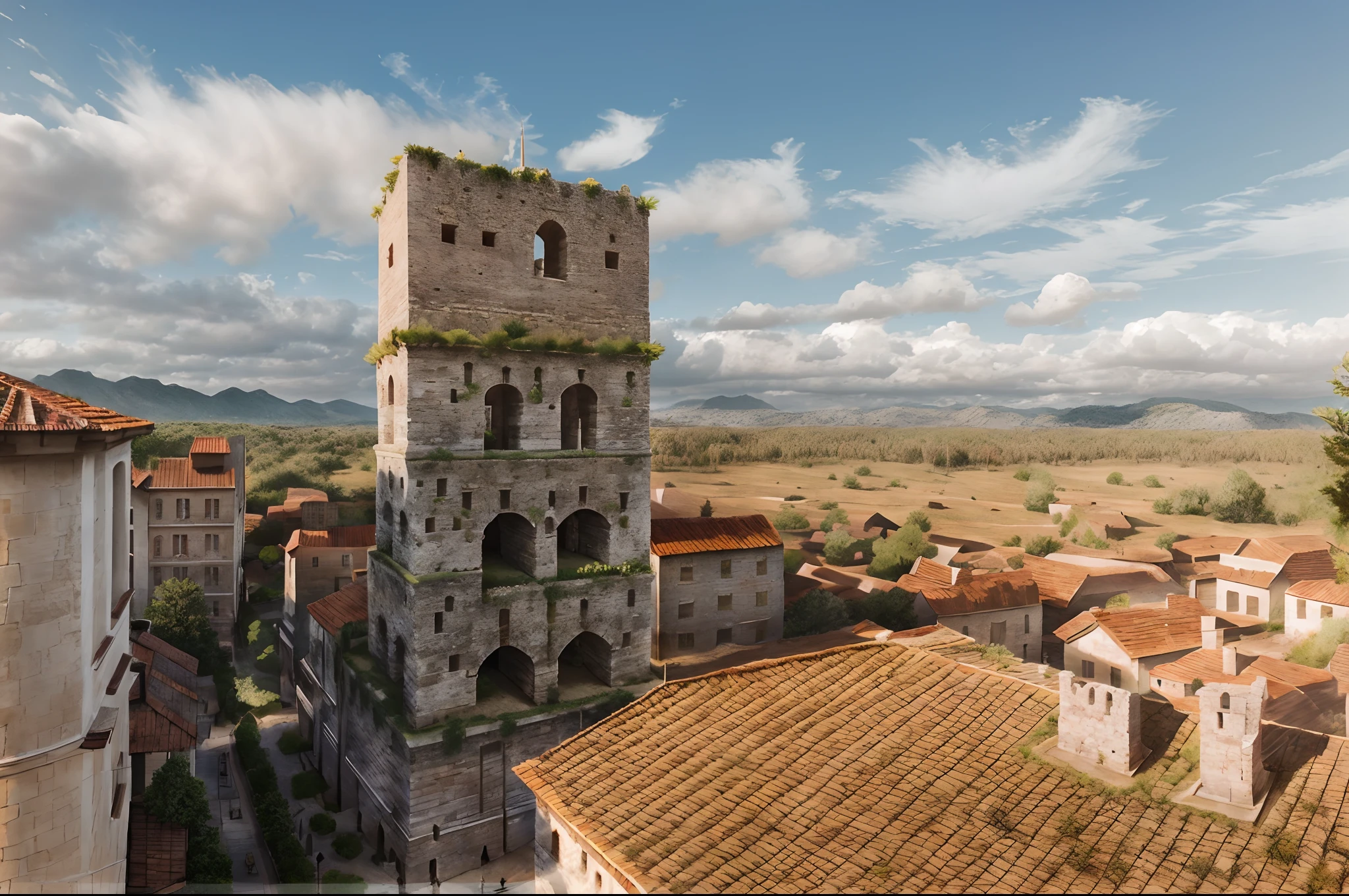 a very detailed photography of an ancient tower, in a remote past, (plants and trees are climbing on the tower: 1.3), hyperrealism