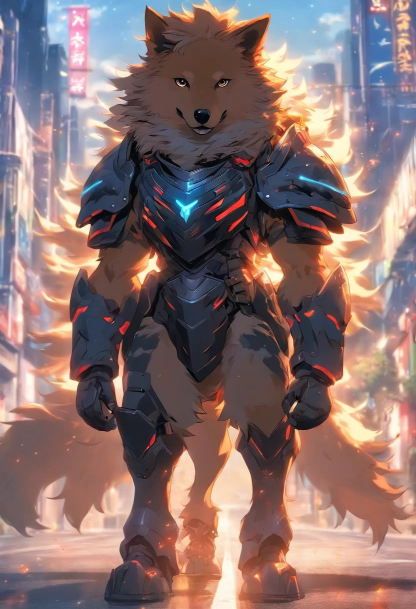 Dog wears combat armor, standing, on the road, stunning style, high quality