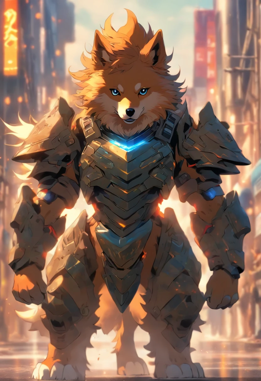Close-up of a ((handsome wolf male warior)) , half human, half beast. Their eyes are filled with hapiness and longing. The background is a trail of blood and violence. He wears a mechanized robot armor, carved with animal elements, human skulls. The sky is filled with swirling, fiery clouds. The photo conveys a strong sense of the warrior's appearance, ((smiling))