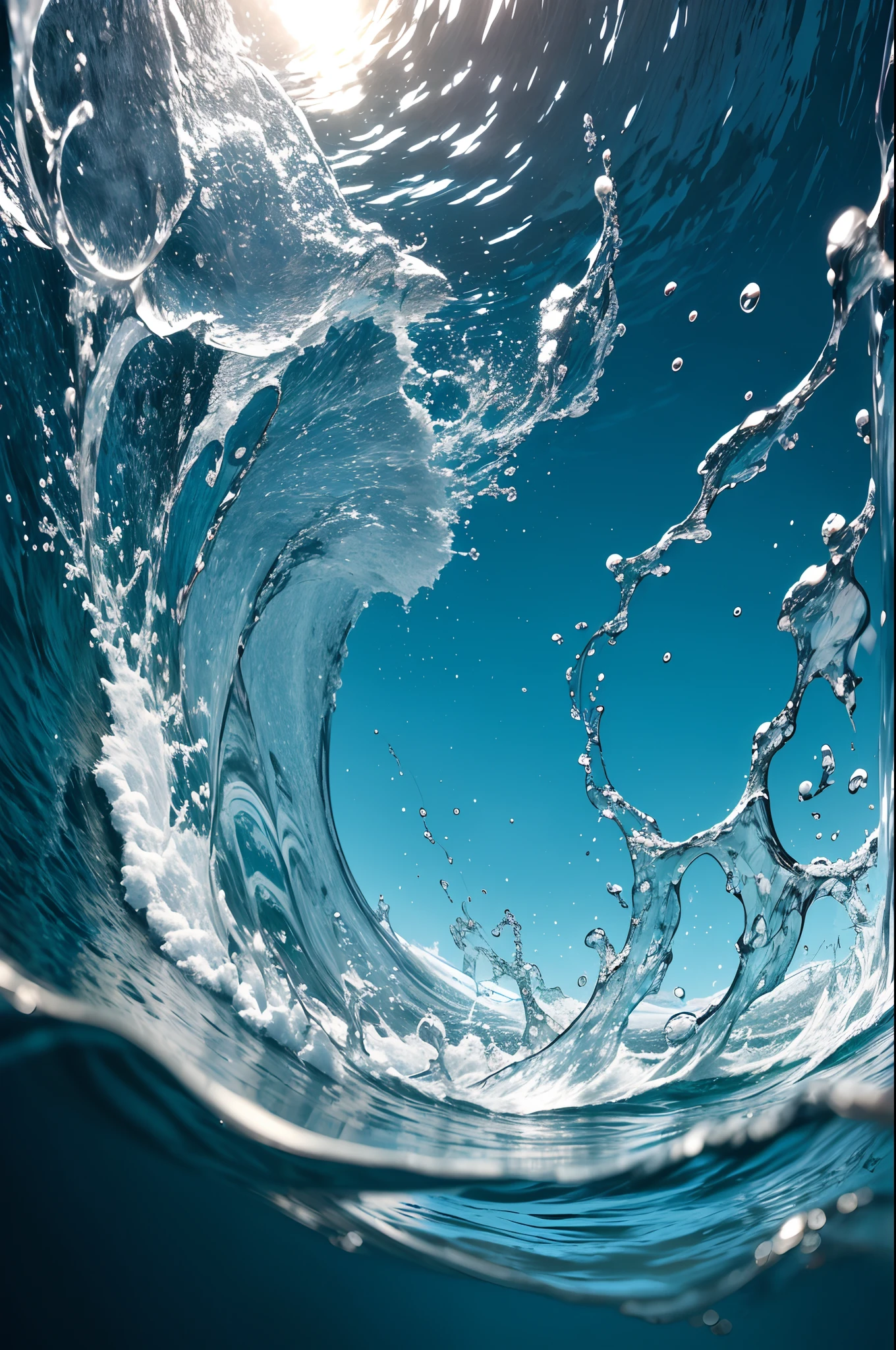 Photorealistic image of a dramatic splash of a blue water splash;, tirado da perspectiva frontal e visto em linha reta, Water is splashing and spraying in all directions realistically, surface tension is visible, The image should convey the energy and movement of the splash of water, fundo branco