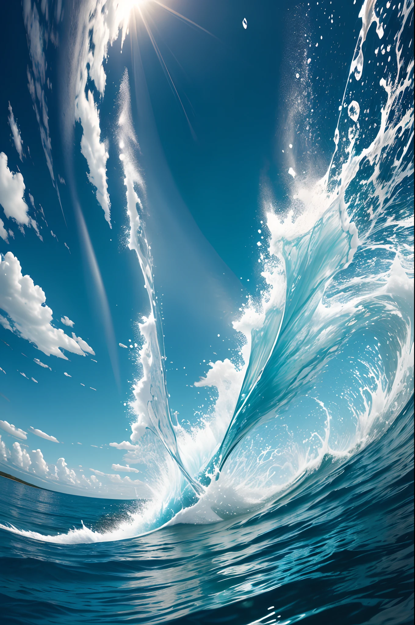 A high-quality, photorealistic image of a dramatic splash of teal and blue water, taken from the front perspective and viewed straight on, the water is splashing outward and spraying in all directions in a realistic way, the surface tension is visible, the image should convey the energy and movement of the splash, white background