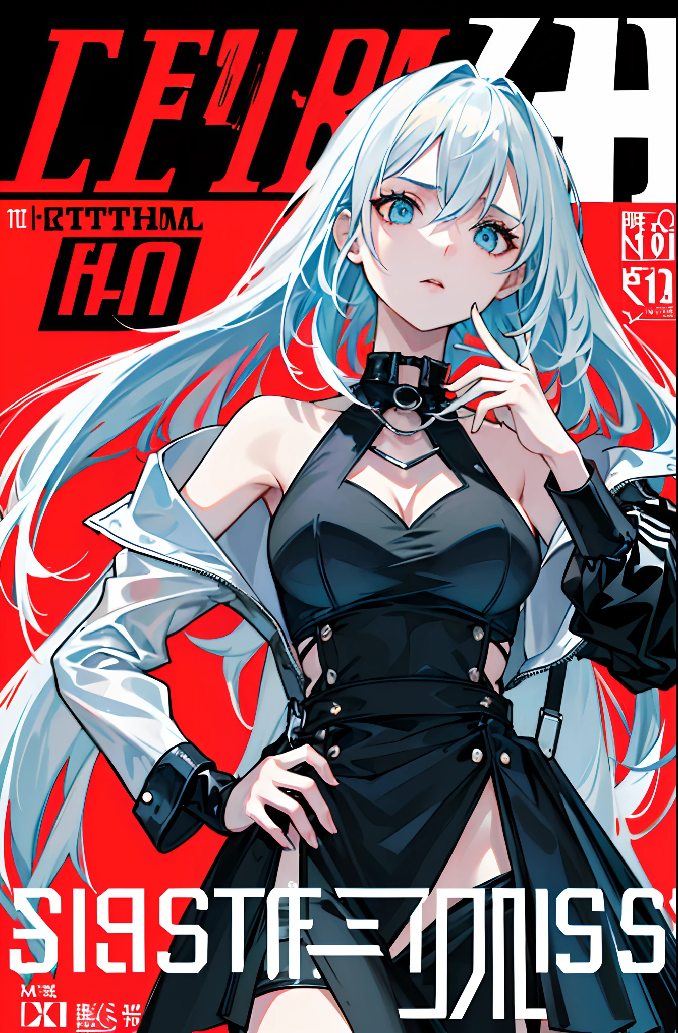 ((((Dramatic))), (((grittiness))), (((Intense))) The movie poster features a young woman as the central character。long white hair,blue color eyes,She stands confidently in the center of the poster,Dress in fashion-forward clothing,with a determined expression on her face。The background is dark and gritty,There is a sense of danger and a strong feeling。The text is bold and eye-catching,With catchy slogans,Adds to the overall drama and excitement。The color palette is dominated by dark colors,Dotted with bright colors,Make the poster dynamic and visually striking,tachi-e (Magazines:1.3), (Cover-style:1.3), Fashionab, woman, vibrant, Outfit, posing on a, Front,rich colourful,dyna,Background with,element in,self-assured,Expressing the,halter,statement,Attachment,A majestic,coil,Runt,Touching pubic area,Scenes,text,Cover of a,boldness,attention-grabbing,titles,Fashionab,typeface,Catchy,titles,more big,Smart、moderno、Trendy、focus-on、Fashionab、