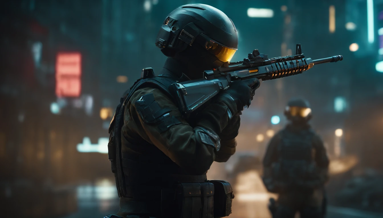 25 mm spring, cinematic film, injection, Front upper body view, Centered, award-winning CGI, perfect angle, {(Cyberpunk Advance Soldier:1.4), (Detailed advanced weaponry), fused grid + bras, (action pose), Detailed advanced helmet}, (Detailed dystopian gothic background Destroyed city:0.7), Dominating, confident, (detailed, Ultra Detailed:0. 7, Finer detail, intricate), vivid colors, photorealistic, Epic movie poster, (epic proportion, epic composition, epic sci-fi, epic fantasy), 3 d renders, RTX, octan render, photorealistic, hyper realistic, Volumetric lighting, neon reflection, reflection, ray tracing, global illumination, depth of field, soft shadow, neon glow, trending on ArtStation, Hard disk, Hard disk, Resolution 128K, professional work, master part, Greg Rutowski,