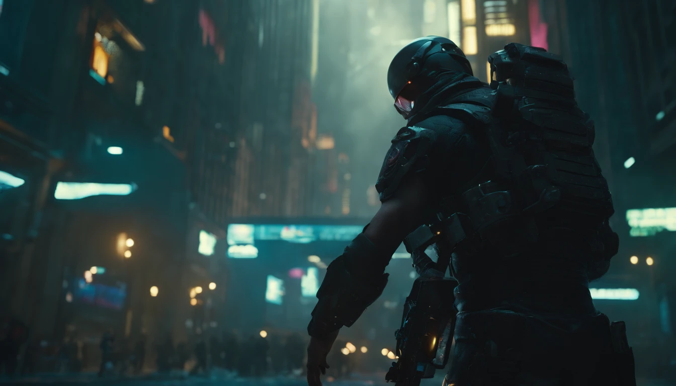 25 mm spring, cinematic film, injection, Front upper body view, Centered, award-winning CGI, perfect angle, {(Cyberpunk Advance Soldier:1.4), (Detailed advanced weaponry), fused grid + bras, (action pose), Detailed advanced helmet}, (Detailed dystopian gothic background Destroyed city:0.7), Dominating, confident, (detailed, Ultra Detailed:0. 7, Finer detail, intricate), vivid colors, photorealistic, Epic movie poster, (epic proportion, epic composition, epic sci-fi, epic fantasy), 3 d renders, RTX, octan render, photorealistic, hyper realistic, Volumetric lighting, neon reflection, reflection, ray tracing, global illumination, depth of field, soft shadow, neon glow, trending on ArtStation, Hard disk, Hard disk, Resolution 128K, professional work, master part, Greg Rutowski,