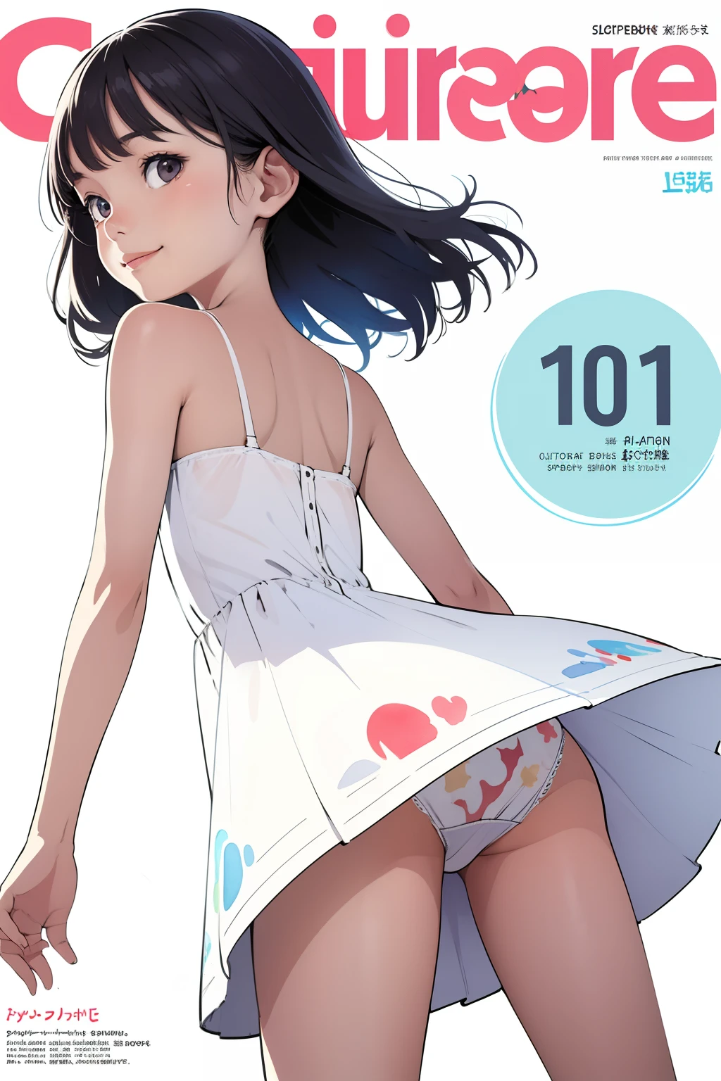 (superflat, flat shading, flat colors:1.1), (magazine cover), li, pee, white summer dress, children's print panties, upskirt, bottom, from behind, smile, volumetric lighting, soft light, bright, colorful, watercolor