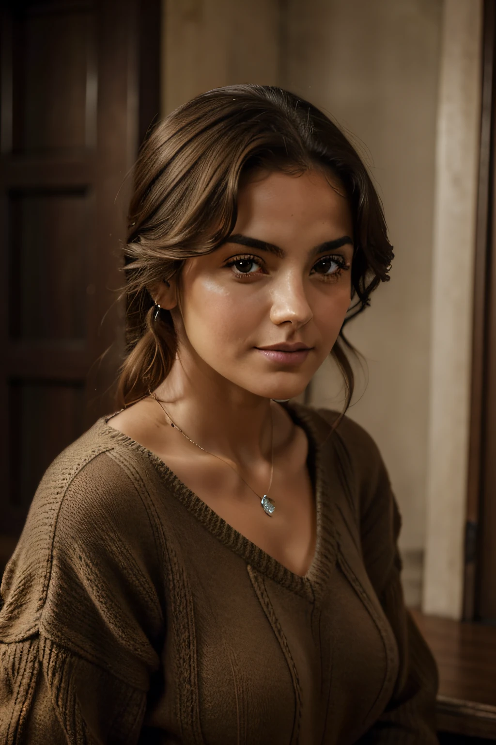 118-year-old girl, solamente, por el ancho, tetas medianas, mirando al espectador, cabello rubio, hombros desnudos, ojos marrones, jewely, cuerpo entero, cuello, Schulterfrei, pullover, labios, realista, nariz, Flirting with the camera