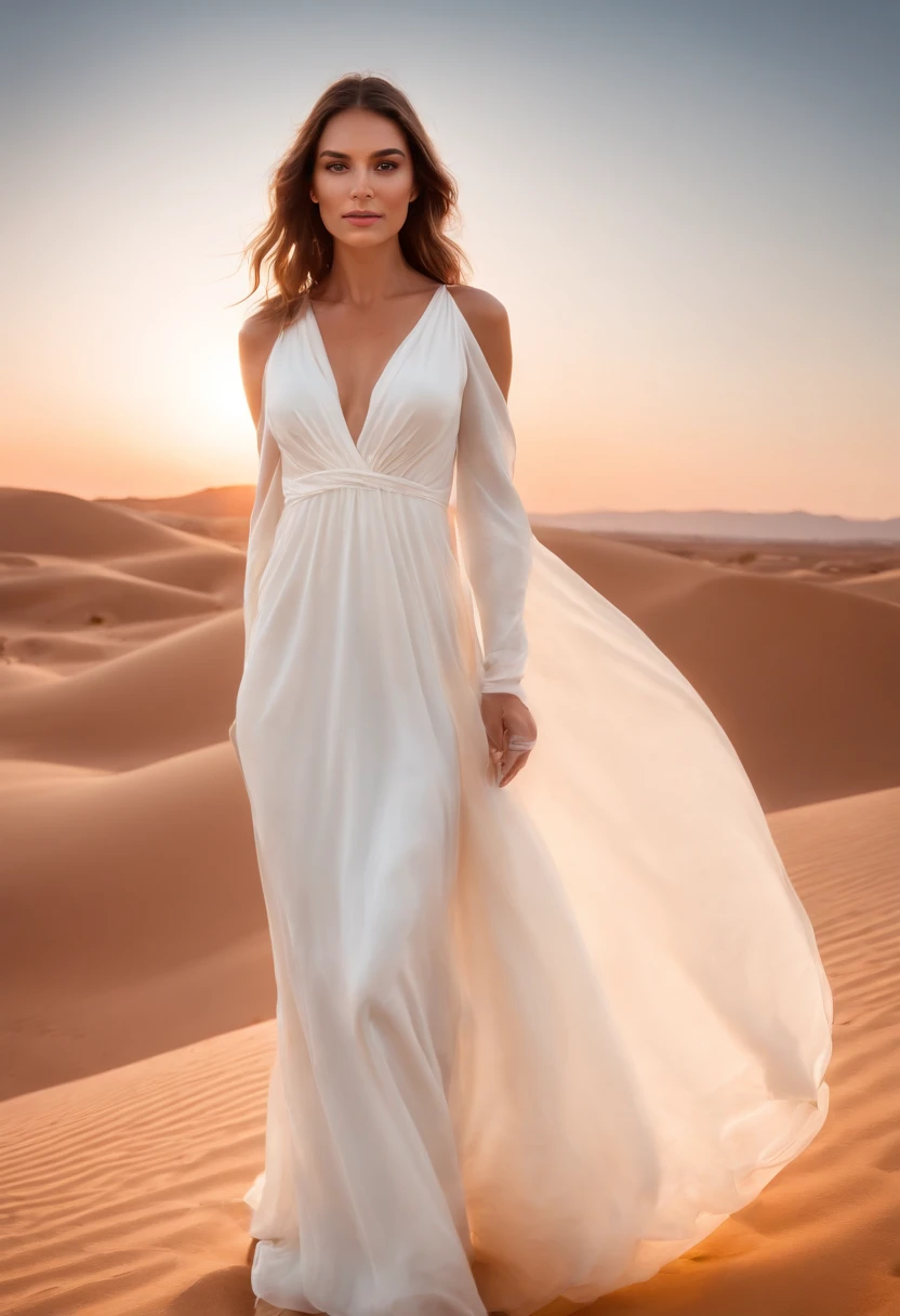 A women in a white tight silk dress standing on a sand dune in the middle of a vast desert, light painting halo in the background, lightpainting, amazing lighting effect, light art, beautiful lighting effects, light paint, diffuse lightpainting, anamorphic flares, lightpainting luminescent, luminous fire halo, flares anamorphic, creative lighting, epic lighting effects, awesome greate composition