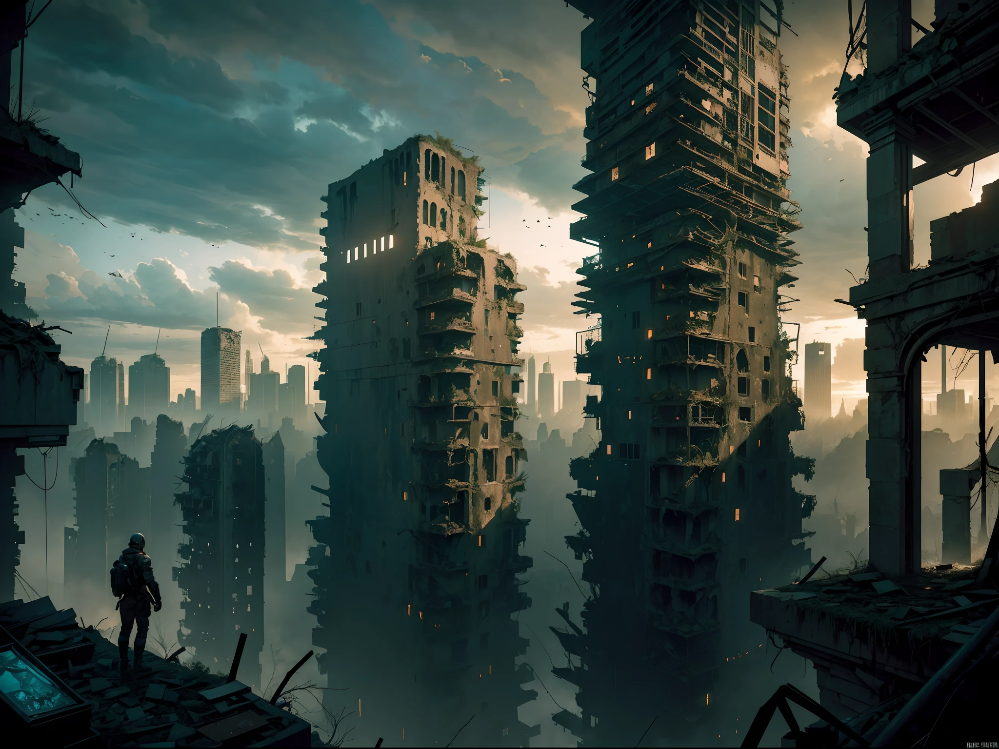 methurlant, lost inside in a post-apocalyptic world, (lost inside city ruins:1.3), cliffs and canyons made of buildings, claustrophobia, intricate, adventure, sky is blocked by tallbuildings, surreal, gritty, atmospheric, cinematic, stylized, contrast, comic, eerie, cybernetic, futuristic, highly detailed, city,