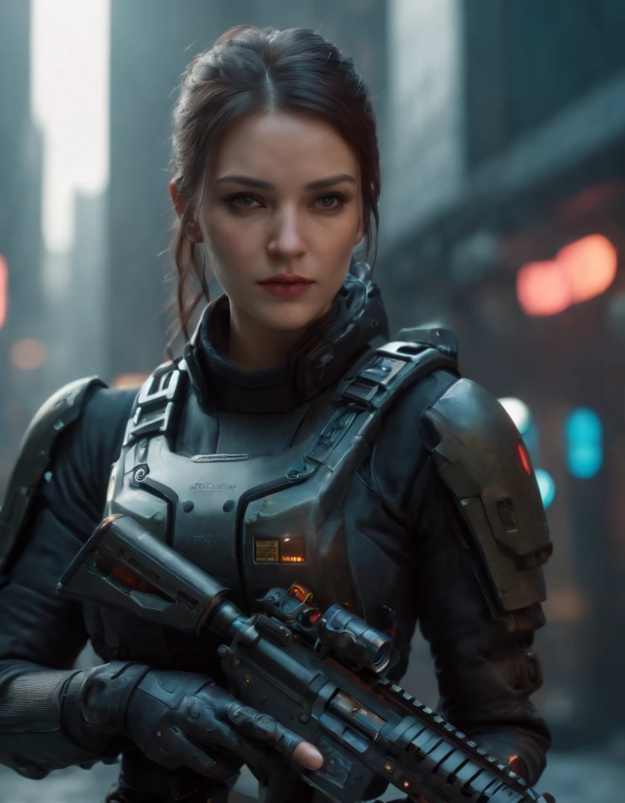 25 mm spring, cinematic film, injection, Front upper body view, Centered, award-winning CGI, perfect angle, {(Cyberpunk Advance Soldier:1.4), (Detailed advanced weaponry), fused grid + bras, (action pose), Detailed advanced helmet}, (Detailed dystopian gothic background Destroyed city:0.7), Dominating, confident, (detailed, Ultra Detailed:0. 7, Finer detail, intricate), vivid colors, photorealistic, Epic movie poster, (epic proportion, epic composition, epic sci-fi, epic fantasy), 3 d renders, RTX, octan render, photorealistic, hyper realistic, Volumetric lighting, neon reflection, reflection, ray tracing, global illumination, depth of field, soft shadow, neon glow, trending on ArtStation, Hard disk, Hard disk, 64 mil, 128 mil, professional work, master part, Greg Rutowski,