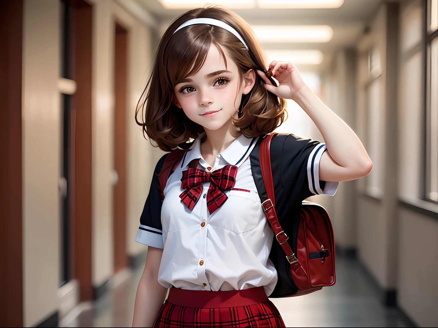 tween Emma Watson, (best quality), big headed, wearing a high school uniform, brunette colour hair, honeybee, White-black-red colour scheme, White headband, red plaid skirt, cute smile, school corridor.