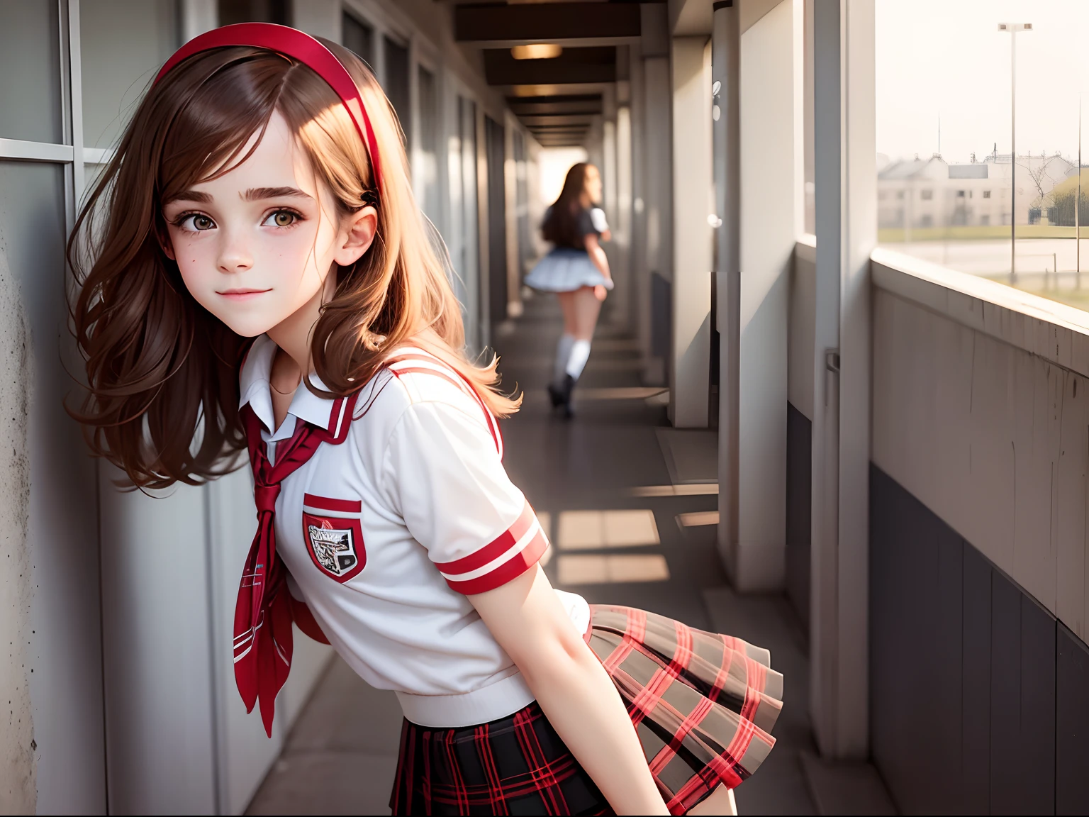 tween Emma Watson, (best quality), big headed, wearing a high school uniform, brunette colour hair, honeybee, White-black-red colour scheme, White headband, red plaid skirt, cute smile, school corridor.