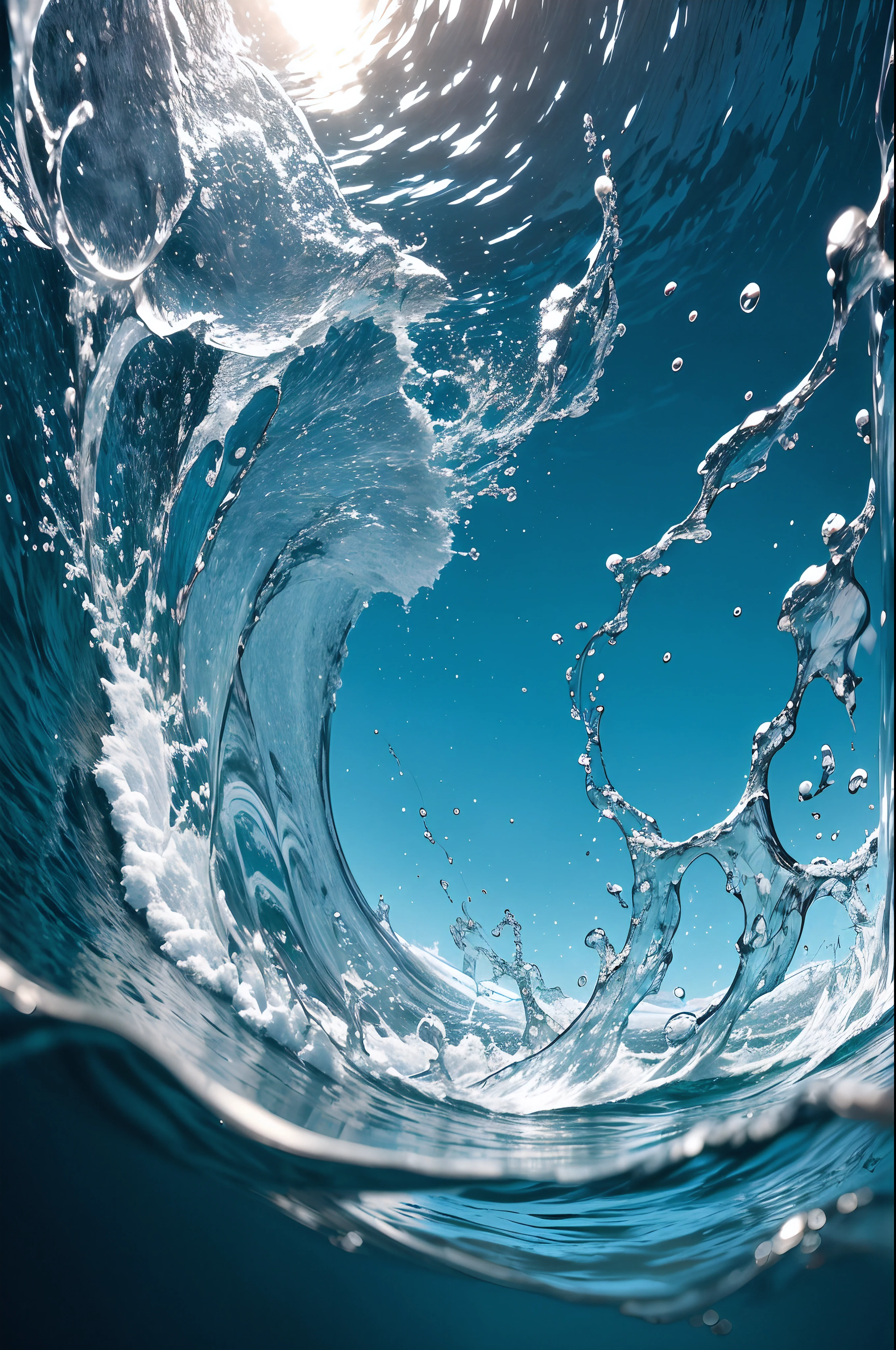 Photorealistic image of a dramatic splash of a blue water splash;, tirado da perspectiva frontal e visto em linha reta, Water is splashing and spraying in all directions realistically, surface tension is visible, The image should convey the energy and movement of the splash of water, fundo branco