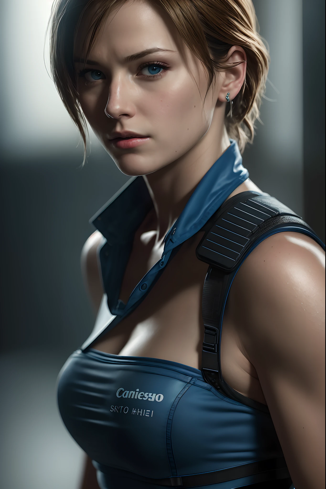 ((Masterpiece)), ((highest resolution)), Jill Valentine from Resident Evil 3, ((detailed skin texture)), ((high detail face)), (realistic photo), (best quality), (detailed), shot on a Canon EOS R5, 50mm lens, F/2.8, HDR, (8k), (wallpaper), (cinematic lighting), (dramatic lighting), (sharp focus), (intricate), RAW photo, posing for camera, 8k uhd, dslr, high quality, film grain, by Craig Morey