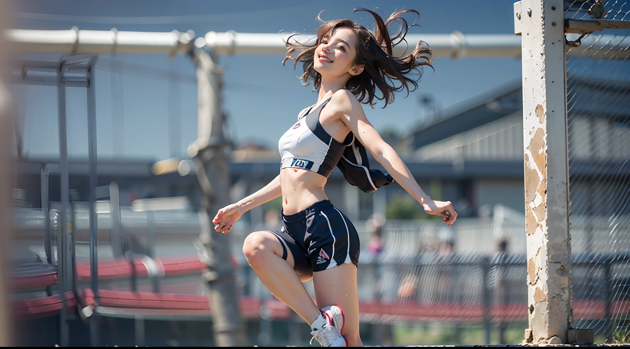 1 girl, solo, running, Gray Track Top, pink shorts, ponytail, athletic build, dynamic brushstrokes, fluid movement, capturing the essence of her athleticism and energy, using light colors and soft tones to create a dreamy and ethereal atmosphere, portraying the motion and grace of running, showing the wind blowing her ponytail and clothes, and the scenery of her surroundings.
outdoors, detailed background, Modern metropolis,