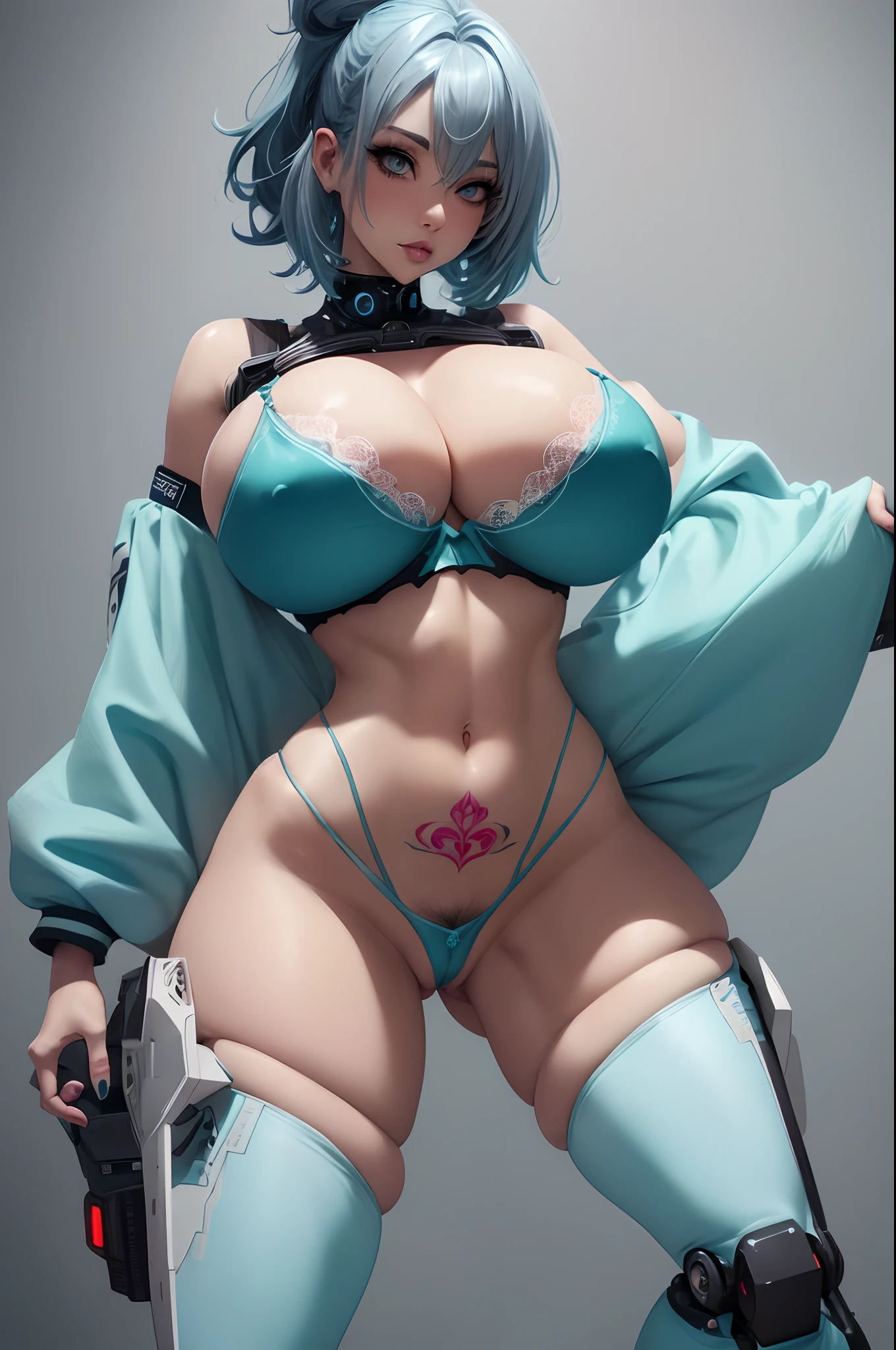 Teal hair, pussy sex slave tattoo, (hairy pussy:1.3), lifting up her shirt, sexy bra, (gigantic breasts), 4k, detailed face, anime stlye girl with large bright highly detailed gray eyes, wild short pixy hair cut hair style, wearing a blue and white skin tight long sleeve painted on top, sexy tongue, (robotic legs).