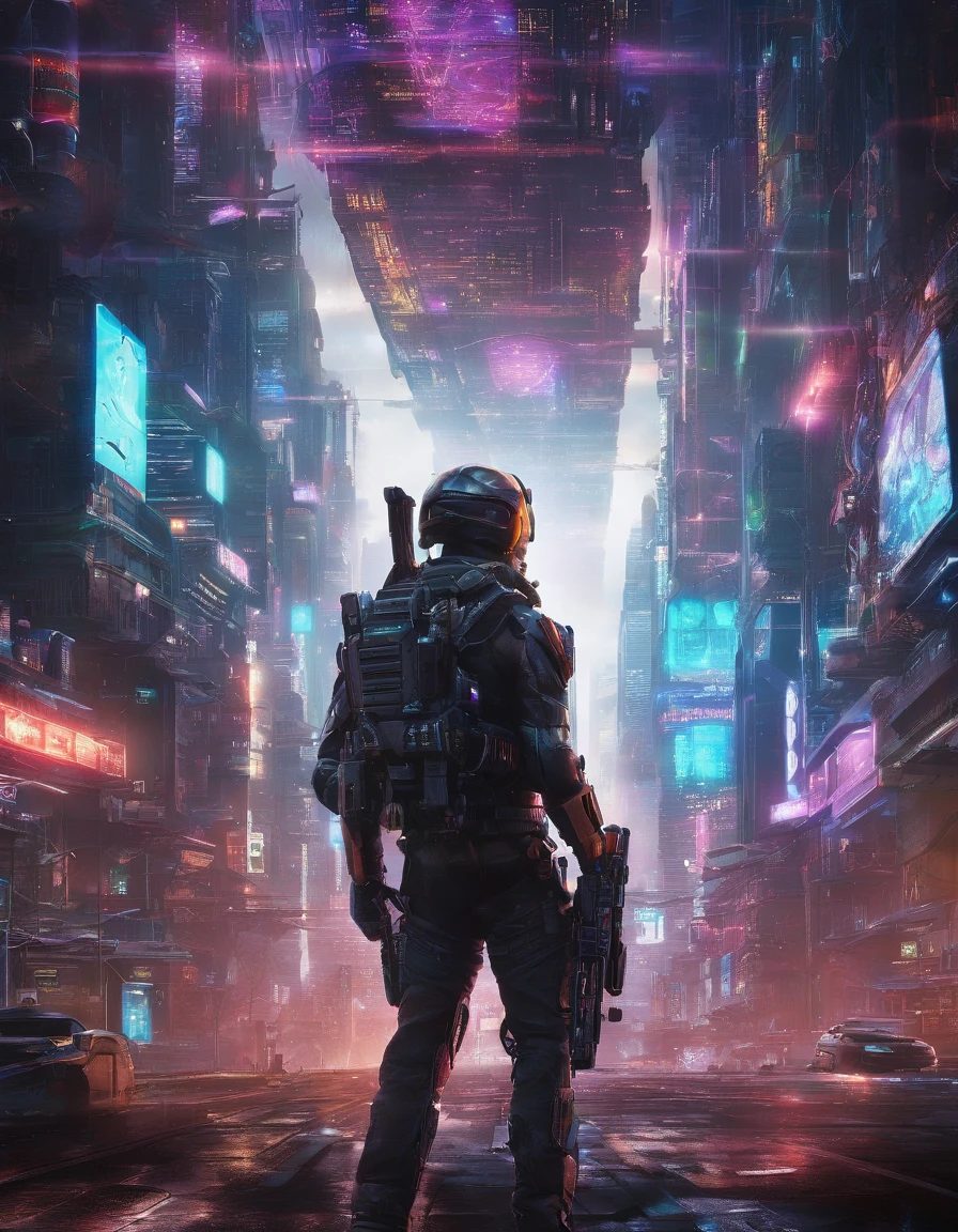 25 mm spring, cinematic film, injection, Front upper body view, Centered, award-winning CGI, perfect angle, {(Cyberpunk Advance Soldier:1.4), (Detailed advanced weaponry), fused grid + bras, (action pose), Detailed advanced helmet}, (Detailed dystopian gothic background Destroyed city:0.7), Dominating, confident, (detailed, Ultra Detailed:0. 7, Finer detail, intricate), vivid colors, photorealistic, Epic movie poster, (epic proportion, epic composition, epic sci-fi, epic fantasy), 3 d renders, RTX, octan render, photorealistic, hyper realistic, Volumetric lighting, neon reflection, reflection, ray tracing, global illumination, depth of field, soft shadow, neon glow, trending on ArtStation, Hard disk, Hard disk, 64 mil, 128 mil, professional work, master part, Greg Rutowski,