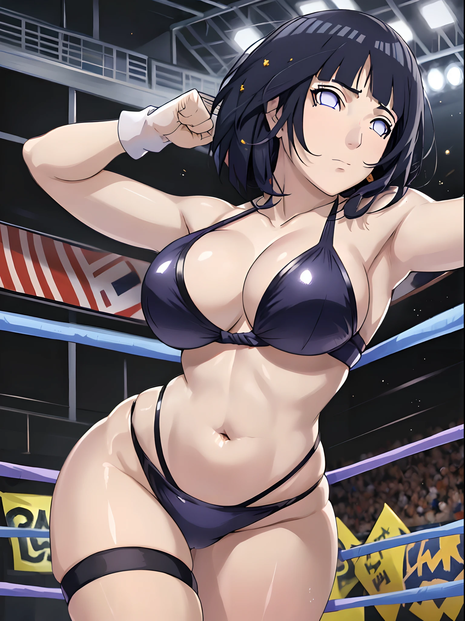 (ultra detailed body, ultra detailed face), ((solo)), anime style, hires, ((pro wrestling arena, pro wrestling match, crowd watching)), (hinata\(boruto\), (female wrestler), (slender body, broad shouders), mature woman, milf, (black bikini, ultra detailed pro wrestling gear), victorious, gorgeous, winner, confident face, closed mouth, (pale skin, shiny skin, lighting and shadow), (dark blue hair color:1.1), wavy hair, ((short hair, hime cut, floating hair), big breasts, ((out cold)), (long belly), (closed fists), seductive, (perfect eyes, white sciera, bright eyes, white eyes, anime eyes, looking at the viewer)