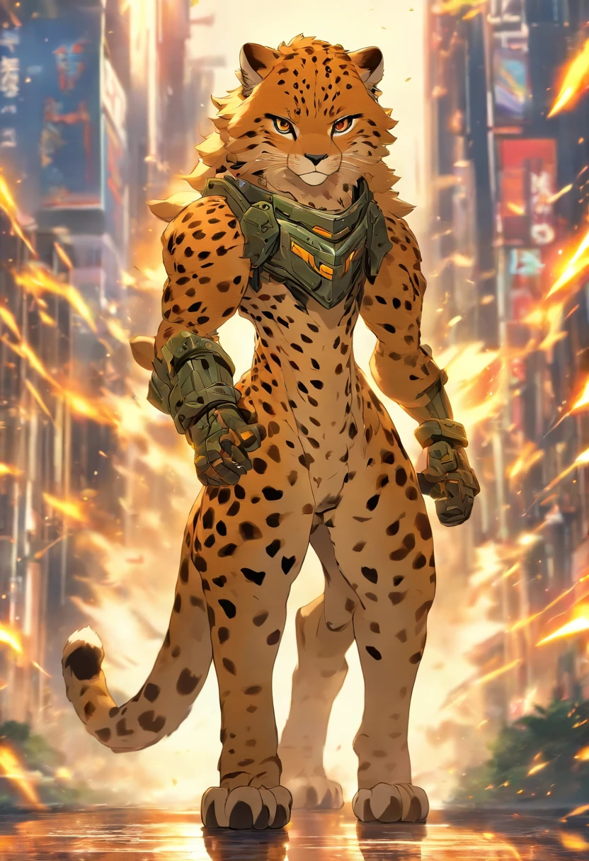 Cheetahs wears combat armor, standing, on the road, stunning style, high quality