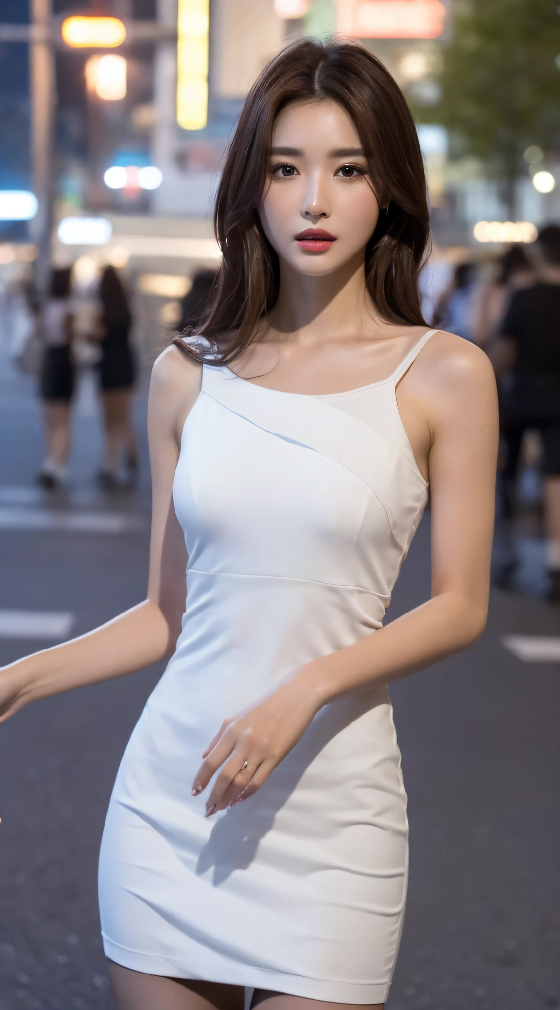 Araffe asian woman in white dress walking down the street - SeaArt AI