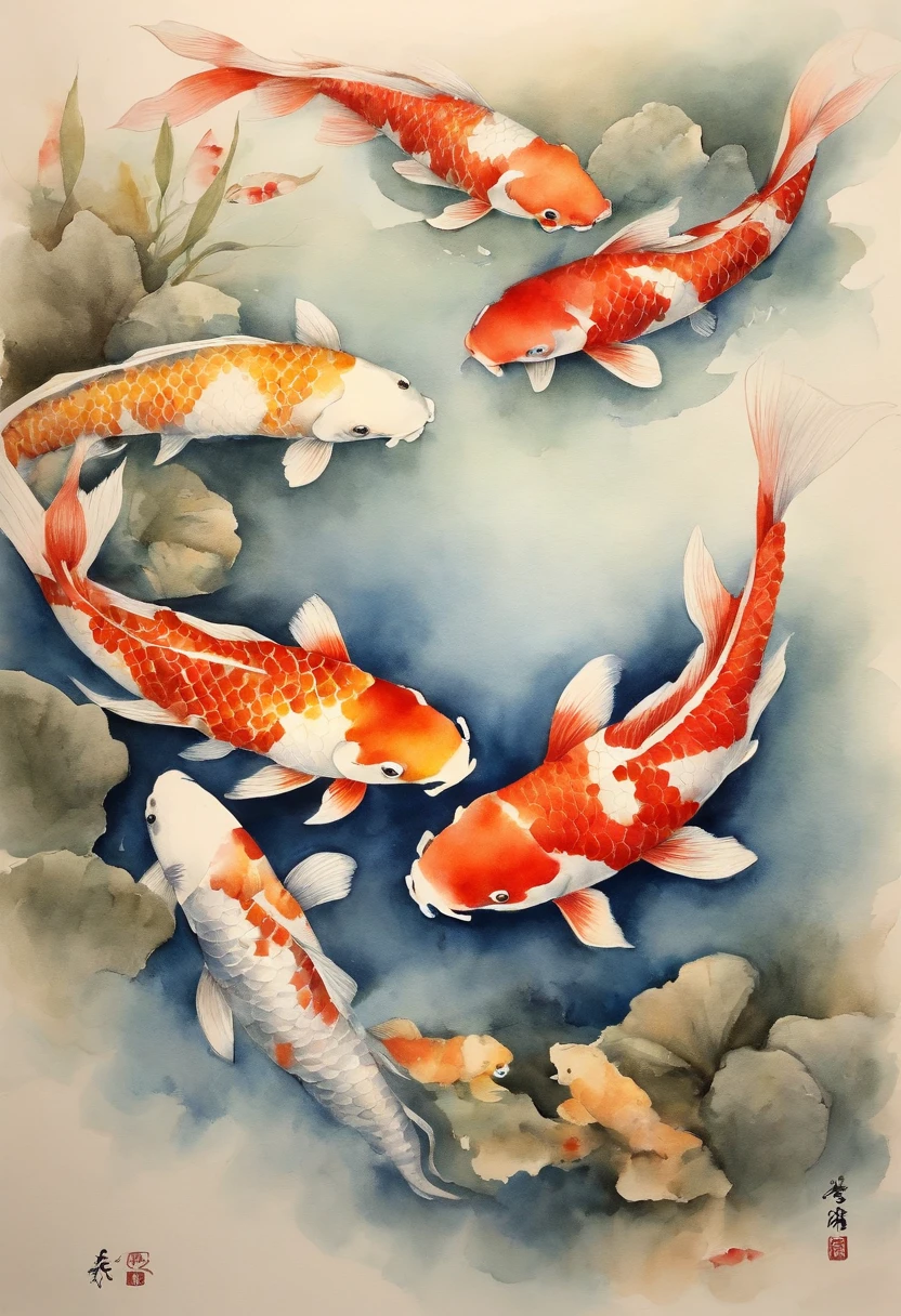 best quality, Meisterwerk, (9 Koi Fische: 1,5), Stil von Hokusai, Ukiyoe-Malerei
