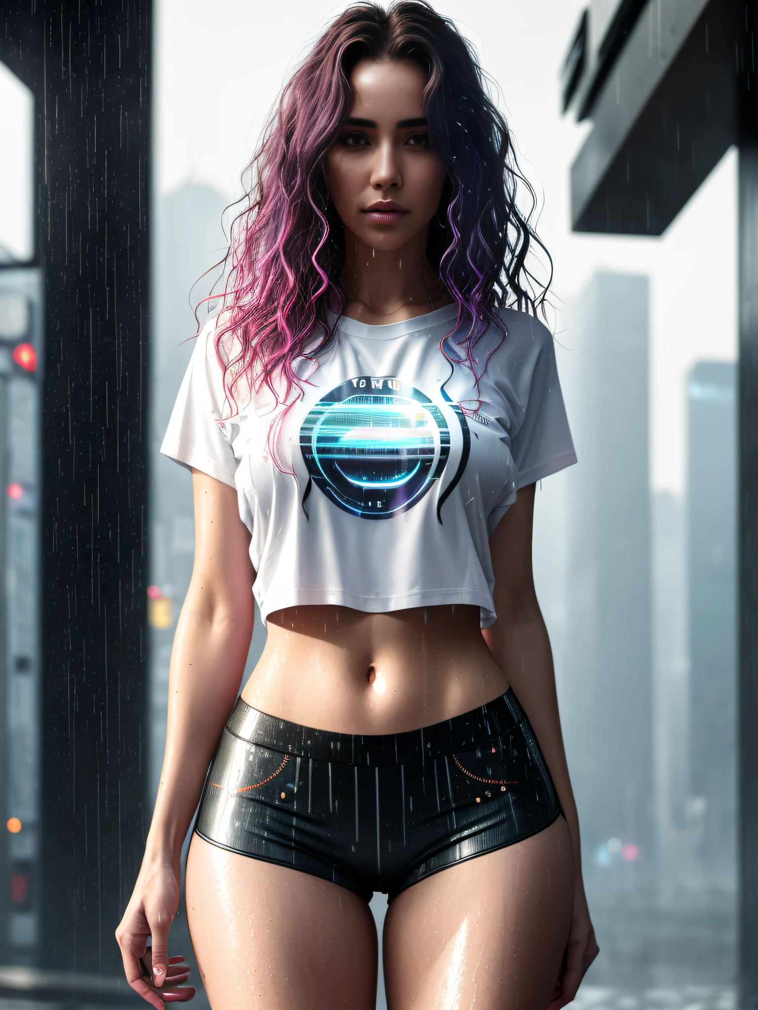 gorgeous woman with wavy hair detailed alluring eyes Thigh gap long sexy legs wearing tiny shorts tshirt in beautiful futuristic cyberpunk+ city, mist, wet, raining, best quality masterpiece, photorealistic, detailed, 8k, HDR, shallow depth of field, broad light, high contrast, backlighting, bloom, light sparkles, chromatic aberration, sharp focus, RAW color photo