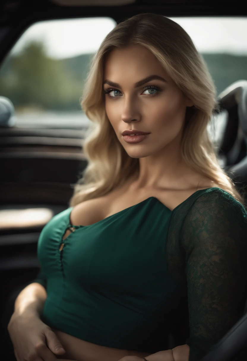 Professionell, (4k-Foto:1.1) bis (Jeremy Lipking:0.3), (Dittmann Anna:0.3), (Arian Mark:0.3), (Scharfer Fokus:1.3), Hohe Detailgenauigkeit, tragend (enges Hemd:1.2), beautiful detailed face, green eyes, lange blonde Haare, (attraktive frau:1.3), (seductive:1.1), (flush:1.1), Hourglass Body Shape, big round breasts, wide hips, im Hintergrund schwarz matt Mercedes G-Klasse AMG