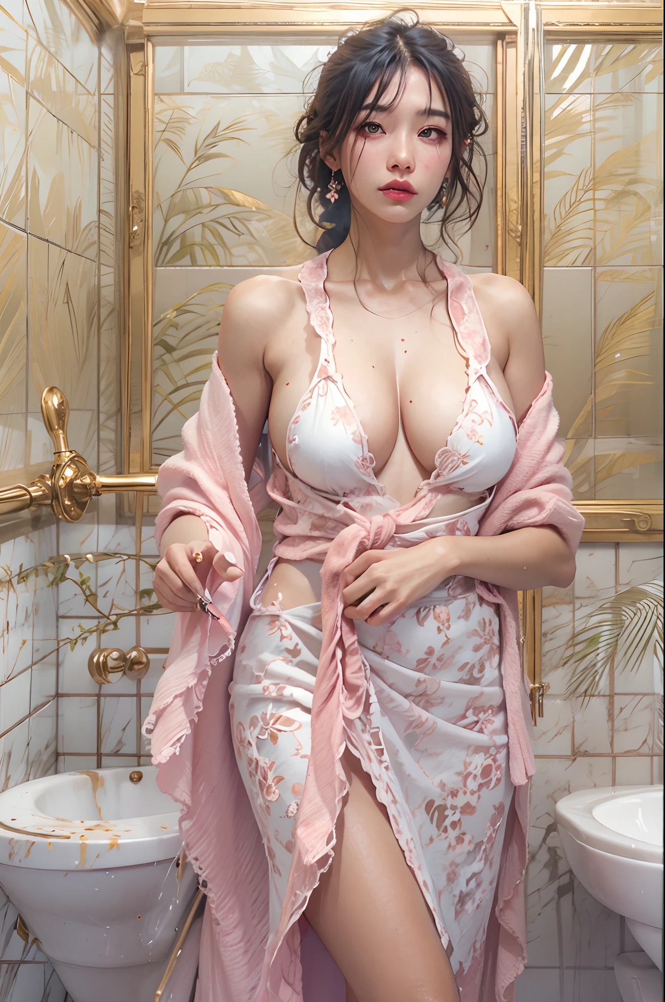 Different mood taiwan woman with, showing clevage, clutched in milk white gold and pink towel, wide angle in a high class bathroom, perfect anatomy, illustrative, painterly, detailed, UHD drawing, pen and ink, perfect composition, beautiful detailed intricate insanely detailed octane render trending on artstation, 8k artistic photography, photorealistic concept art, soft natural