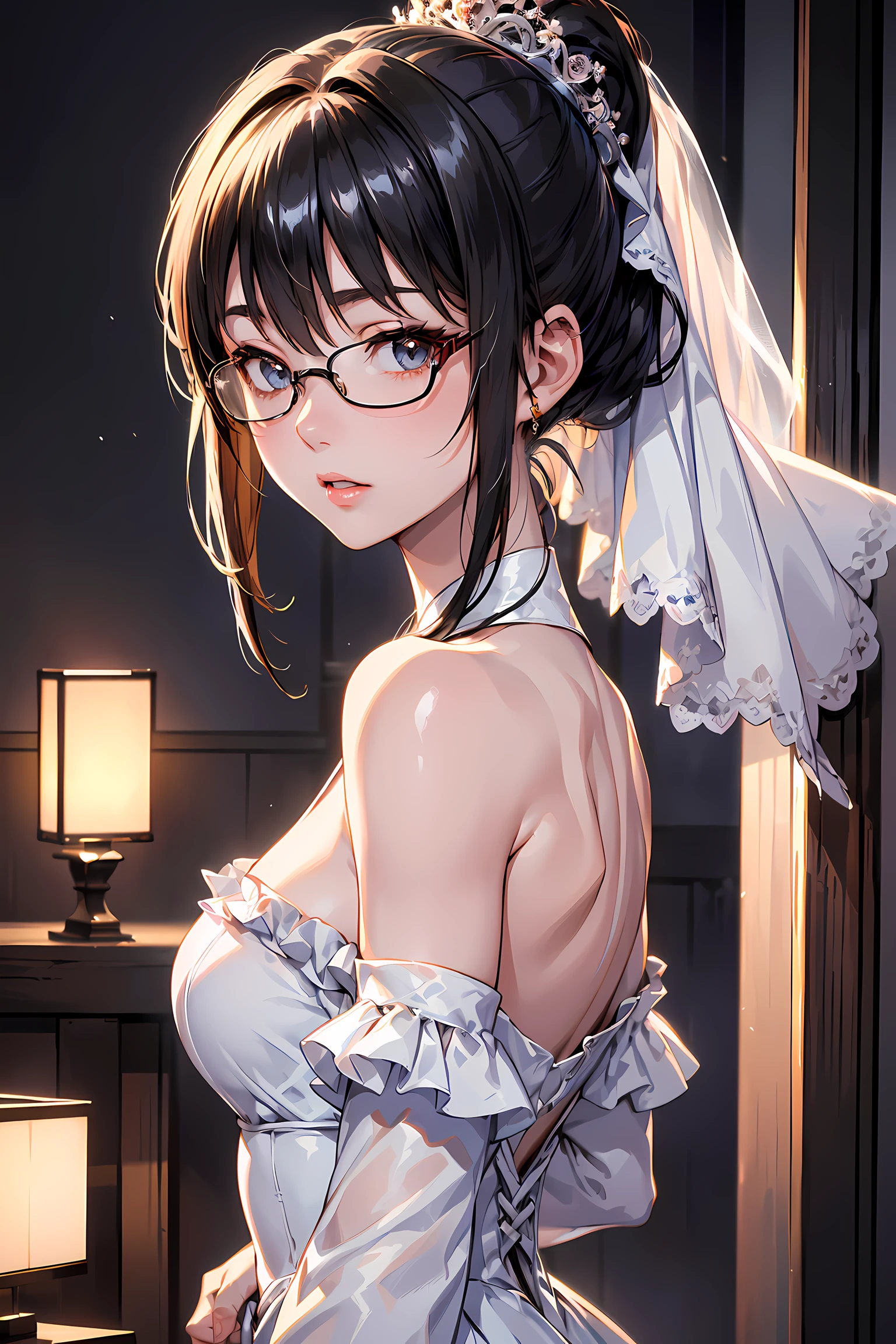 ultra-detailliert, Best Quality, High resolution, ((A cute little girl with black hair and a big face.))、Pretty eyes、Detailed eye depiction、Eye sparkle、Sareme、Looking at Viewer, pale skin、(((Petite))), 　（naked white wedding dress）、(flat chest), (big glasses), (blush:1.2), （big eye：1.5）, Shy smile, NSFW,　In a church, Focus on the face, Long hair,　((The upper part of the body))、crouching down、pov、 from below