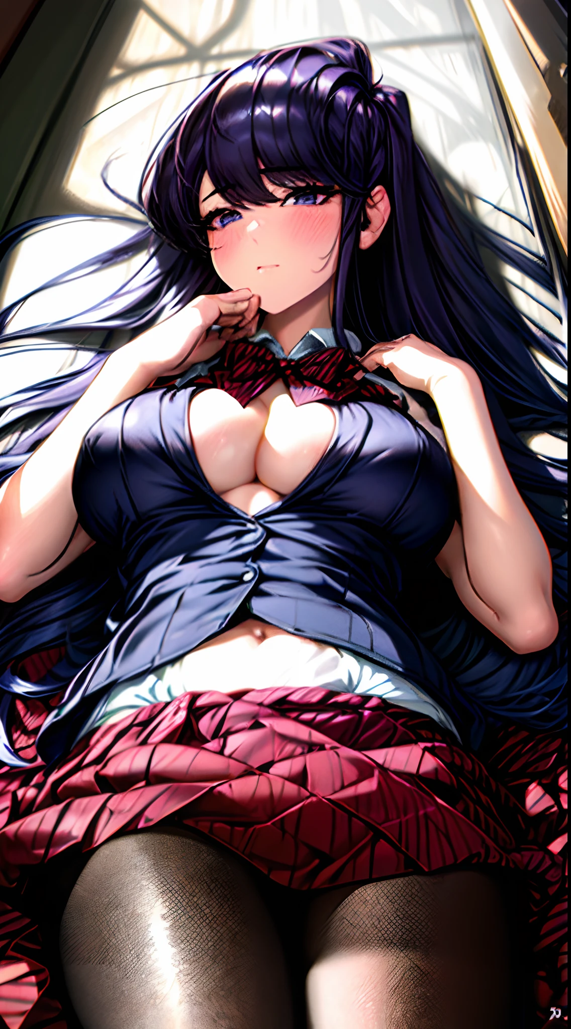 ((komi shouko)), 1girl, bangs, black pantyhose,cleavage_cutout,bursting breast,(covering breast),undersized clothes,cleavage,blue blazer, short sleeved shirt, blush, bow, bowtie, breasts, closed mouth, collared shirt, cowboy shot, (diagonal-striped skirt), expressionless, outdoors, highres, (komi-san wa komyushou desu), long hair, looking at viewer, medium breasts, pantyhose, pleated skirt, purple eyes, purple hair, red bow, red bowtie, (red skirt:1.4), shirt, skirt, solo, striped, striped bow, striped bowtie, striped skirt, swept bangs, white shirt,higly detailed,masterpiece,depth of field, masterpiece, best quality, 4k, distinct image, Amazing, hyper detailed, extremely detailed cg, illustration, dramatic lighting, light source contrast, best illumination, high resolution,realistic, (ultra detailed),masterpiece, best quality,erotic,sexy,(masterpiece, best quality:1.4),high quality, highly detailed,detailed,perfect,(Highres), (Detailed Illustration), Ultra-Detailed, Ambient Light, Realistic Shadows, Detailed Face,embarrassed, (lying, on back,:1.4)