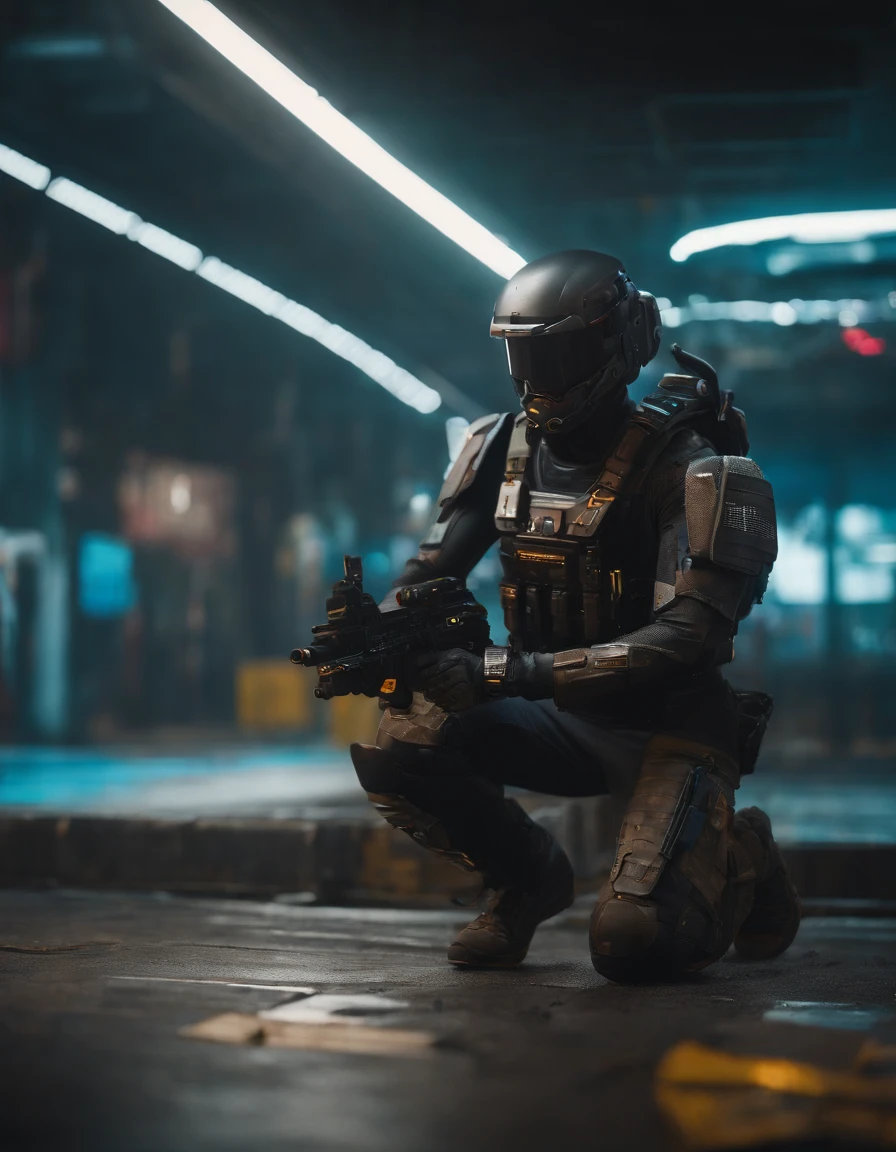 25 mm spring, cinematic film, injection, Front upper body view, Centered, award-winning CGI, perfect angle, {(Cyberpunk Advance Soldier:1.4), (Detailed advanced weaponry), fused grid + bras, (action pose), Detailed advanced helmet}, (Detailed dystopian gothic background Destroyed city:0.7), Dominating, confident, (detailed, Ultra Detailed:0. 7, Finer detail, intricate), vivid colors, photorealistic, Epic movie poster, (epic proportion, epic composition, epic sci-fi, epic fantasy), 3 d renders, RTX, octan render, photorealistic, hyper realistic, Volumetric lighting, neon reflection, reflection, ray tracing, global illumination, depth of field, soft shadow, neon glow, trending on ArtStation, Hard disk, Hard disk, 64 mil, 128 mil, professional work, master part, Greg Rutowski,