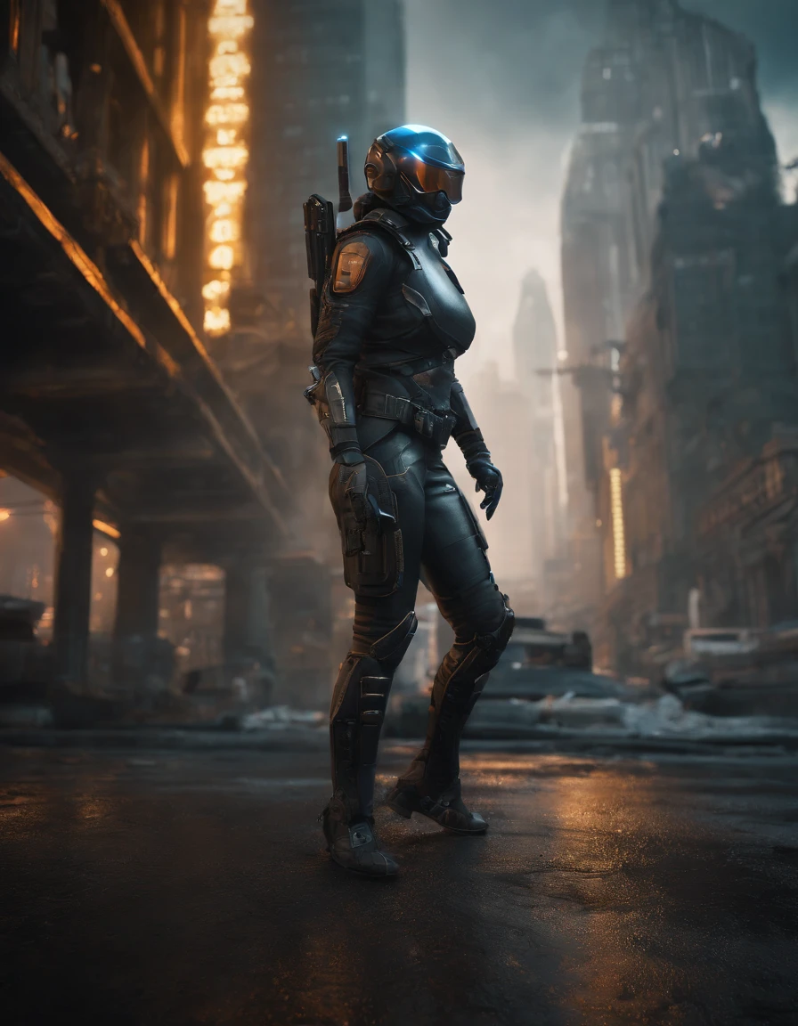 25 mm spring, cinematic film, injection, Front upper body view, Centered, award-winning CGI, perfect angle, {(Cyberpunk Advance Soldier:1.4), (Detailed advanced weaponry), fused grid + bras, (action pose), Detailed advanced helmet}, (Detailed dystopian gothic background Destroyed city:0.7), Dominating, confident, (detailed, Ultra Detailed:0. 7, Finer detail, intricate), vivid colors, photorealistic, Epic movie poster, (epic proportion, epic composition, epic sci-fi, epic fantasy), 3 d renders, RTX, octan render, photorealistic, hyper realistic, Volumetric lighting, neon reflection, reflection, ray tracing, global illumination, depth of field, soft shadow, neon glow, trending on ArtStation, Hard disk, Hard disk, 64 mil, 128 mil, professional work, master part, Greg Rutowski,