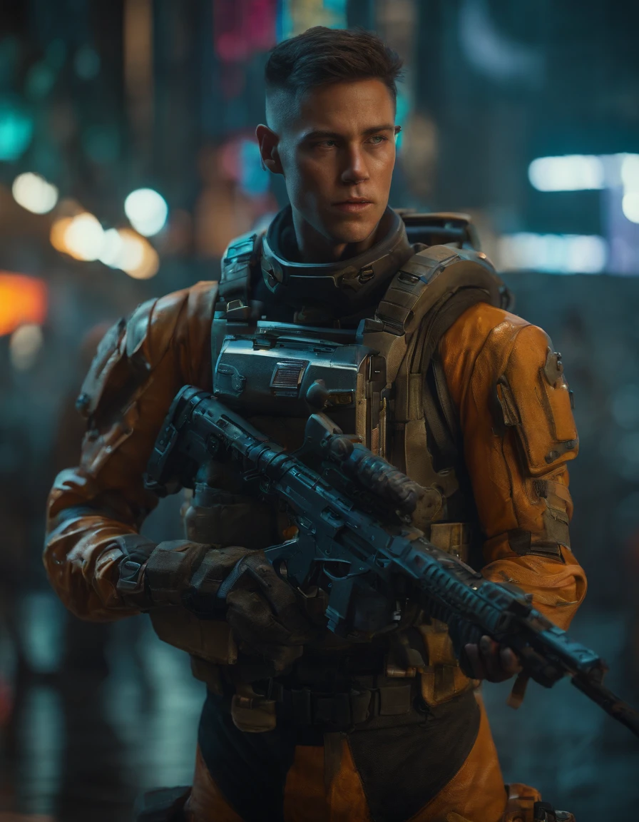 25 mm spring, cinematic film, injection, Front upper body view, Centered, award-winning CGI, perfect angle, {(Cyberpunk Advance Soldier:1.4), (Detailed advanced weaponry), fused grid + bras, (action pose), Detailed advanced helmet}, (Detailed dystopian gothic background Destroyed city:0.7), Dominating, confident, (detailed, Ultra Detailed:0. 7, Finer detail, intricate), vivid colors, photorealistic, Epic movie poster, (epic proportion, epic composition, epic sci-fi, epic fantasy), 3 d renders, RTX, octan render, photorealistic, hyper realistic, Volumetric lighting, neon reflection, reflection, ray tracing, global illumination, depth of field, soft shadow, neon glow, trending on ArtStation, Hard disk, Hard disk, 64 mil, 128 mil, professional work, master part, Greg Rutowski,