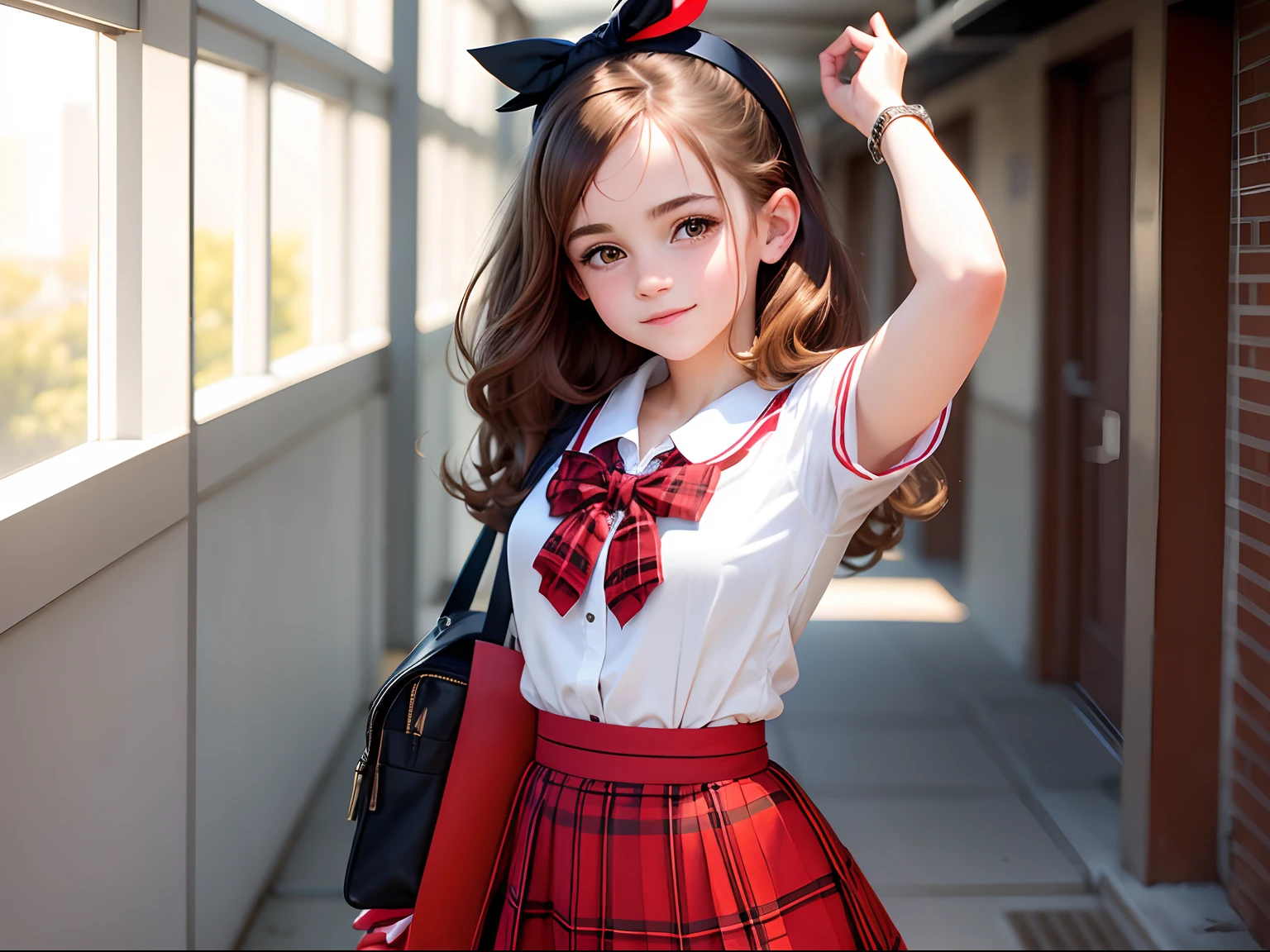 tween Emma Watson, (best quality), big headed, wearing a high school uniform, brunette colour hair, honeybee, White-black-red colour scheme, White headband, red plaid skirt, cute smile, school corridor.