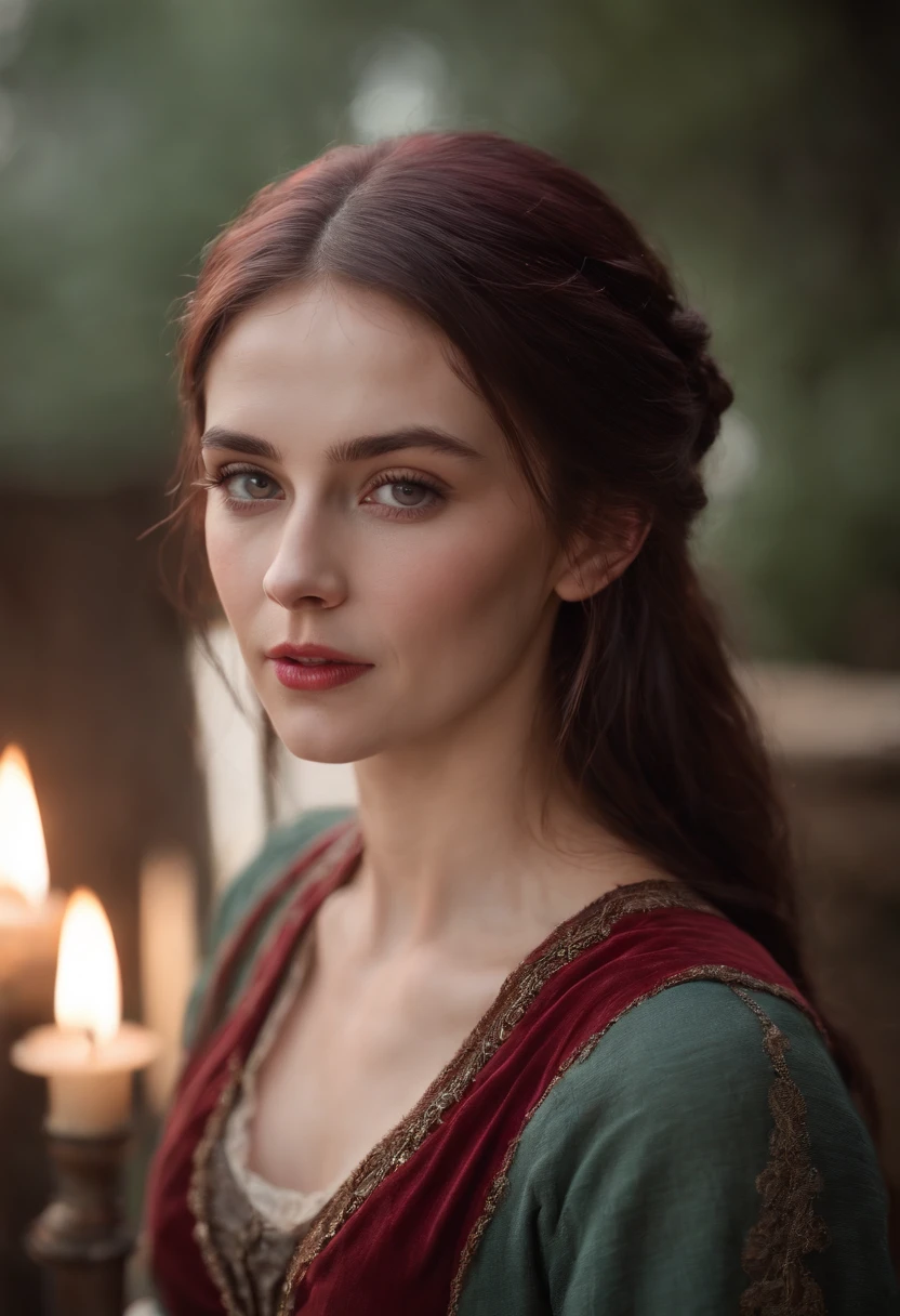 (((A deep red wound streaked across her left cheek))) Fair complexion, A woman around 19 years old, Natural gray hair, Unique green eyes, Wear Cole, Slender and graceful, Beautiful, Candlelight in a medieval setting, super sharp focus, realistic lens, Medieval women's clothing, Four colors (Scar:1.4)