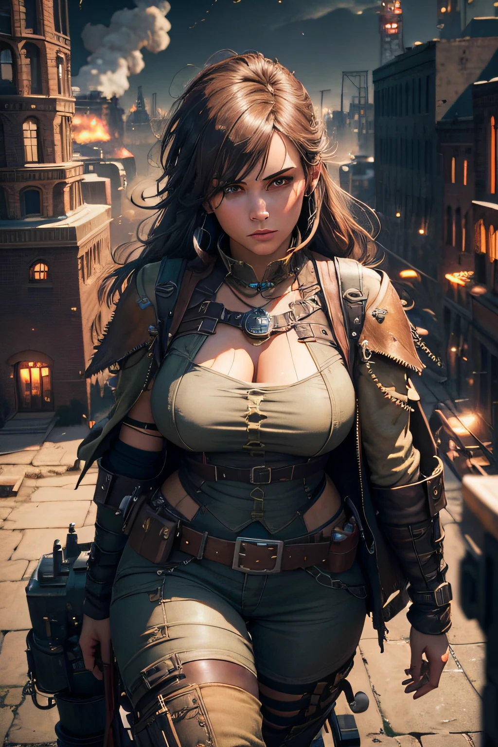 industrial city, surround by wall, steampunk, rusty and heavy, smoke, chimney, factories, gears, machinery, tall buildings, towers, steam power, steam pipes, streetlights, (cinematic lighting:0.8, super detail, bloom), psychedelic dragon, dark green renaissance uniform, silver-green cape, wide belt ), renaissance gun pointing viewer,realistic fantasy, strong sense of three-dimensional by Chesley Bonestell