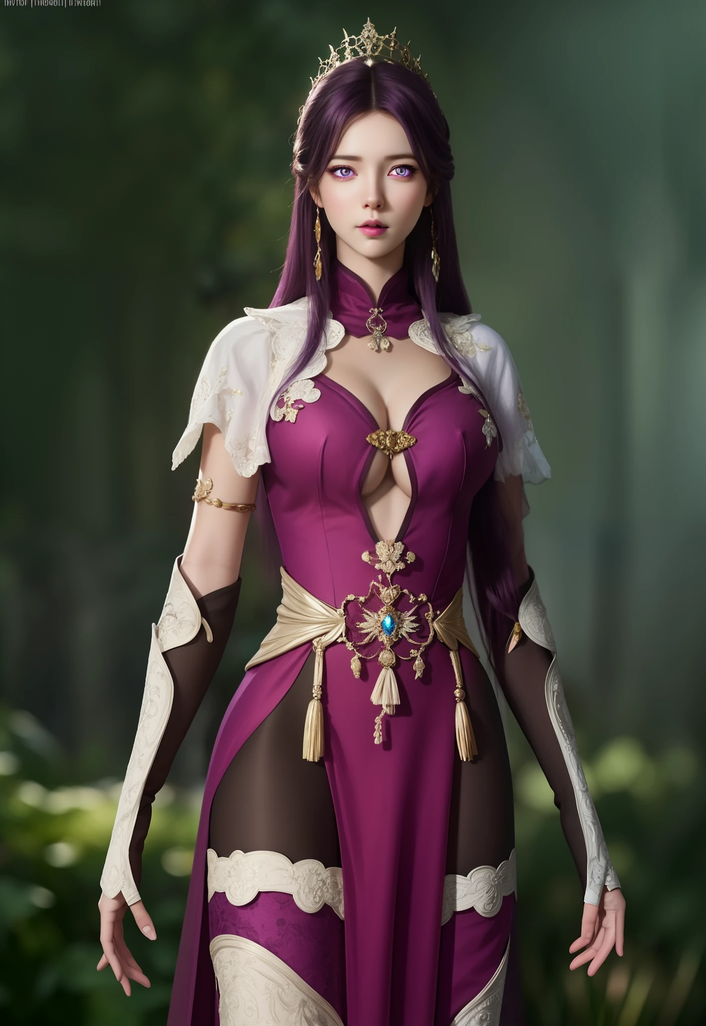 (hyperrealistic), (illustration), (high resolution), (8K), (extremely detailed), (best illustration), (beautiful detailed eyes), (best quality), (ultra-detailed), (masterpiece), (wallpaper), (photorealistic), (natural light), (rim lighting), (detailed face), (high detailed realistic skin texture), (anatomically correct), (solo), (1 girl), (high detailed realistic hair), (dark purple hair:1.35), (heterochromic eyes), (detailed eyes), (bright purple eyes:1.37), (sparkling eyes), (realistic big breasts:1.5), (exposed breasts:1.35), (long legs), (slender abs), (dynamic pose), (closed tiny mouth:1.3), nsfw, concentrated expression.
