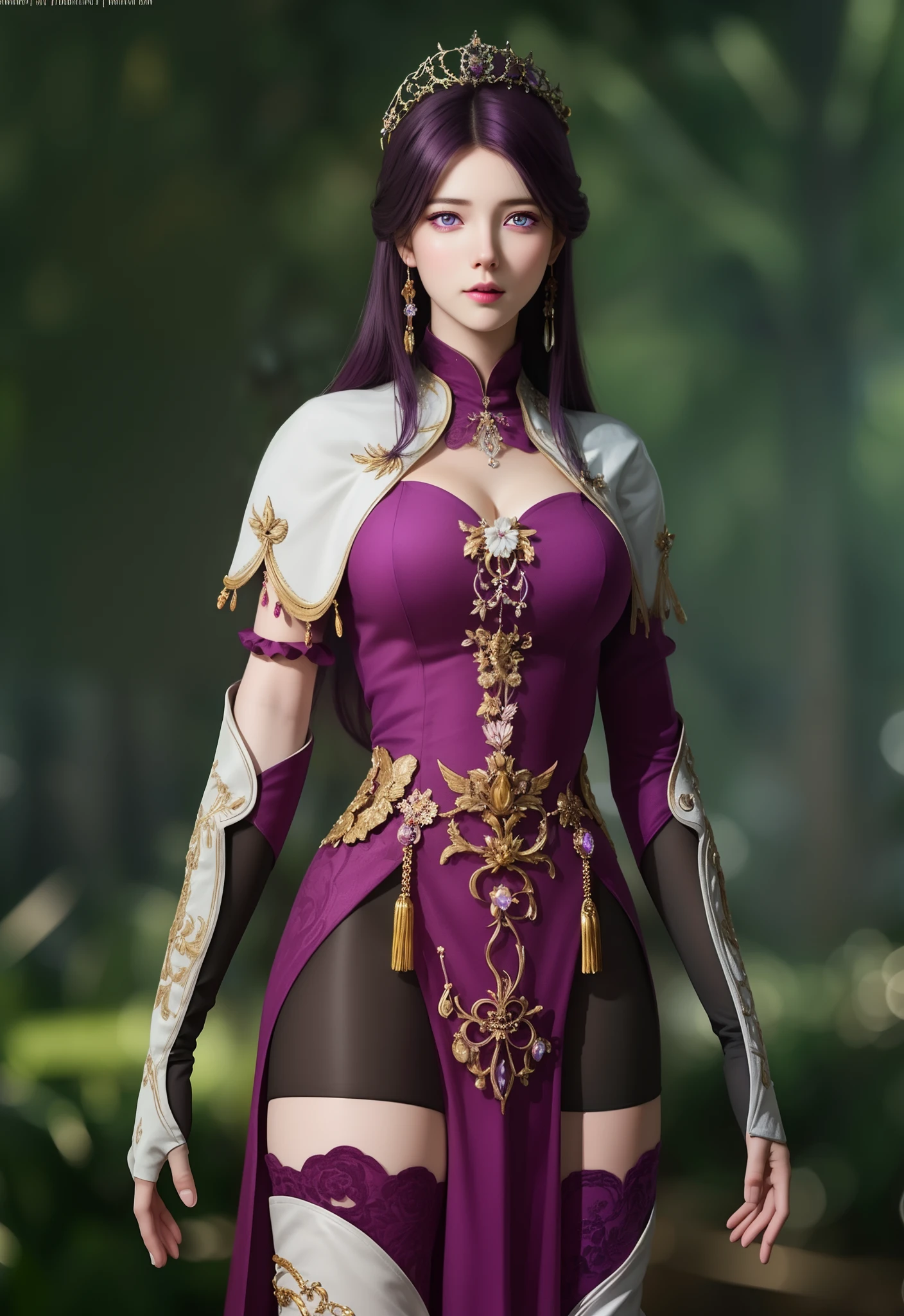 (hyperrealistic), (illustration), (high resolution), (8K), (extremely detailed), (best illustration), (beautiful detailed eyes), (best quality), (ultra-detailed), (masterpiece), (wallpaper), (photorealistic), (natural light), (rim lighting), (detailed face), (high detailed realistic skin texture), (anatomically correct), (solo), (1 girl), (high detailed realistic hair), (dark purple hair:1.35), (heterochromic eyes), (detailed eyes), (bright purple eyes:1.37), (sparkling eyes), (realistic big breasts:1.5), (exposed breasts:1.35), (long legs), (slender abs), (dynamic pose), (closed tiny mouth:1.3), nsfw, concentrated expression.