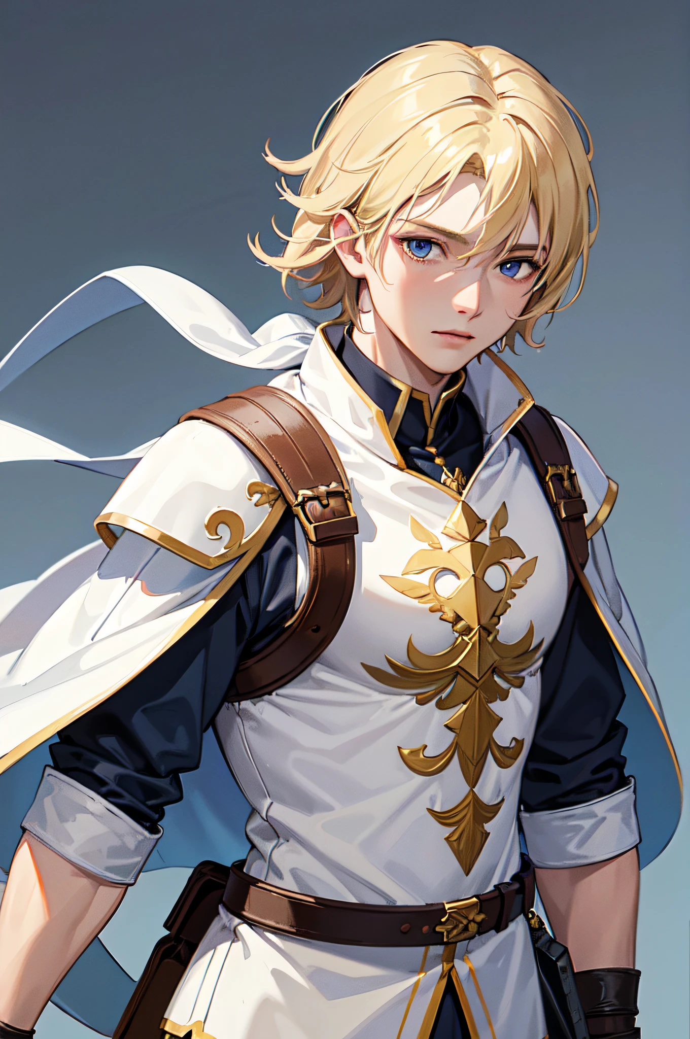 Masterpiece, Best Quality, highres, 1boy, Solo, Upper body only, plain background, Fantasy Clothing, body towards forward, white mercenary clothing, blonde hair, blue eyes, muscle