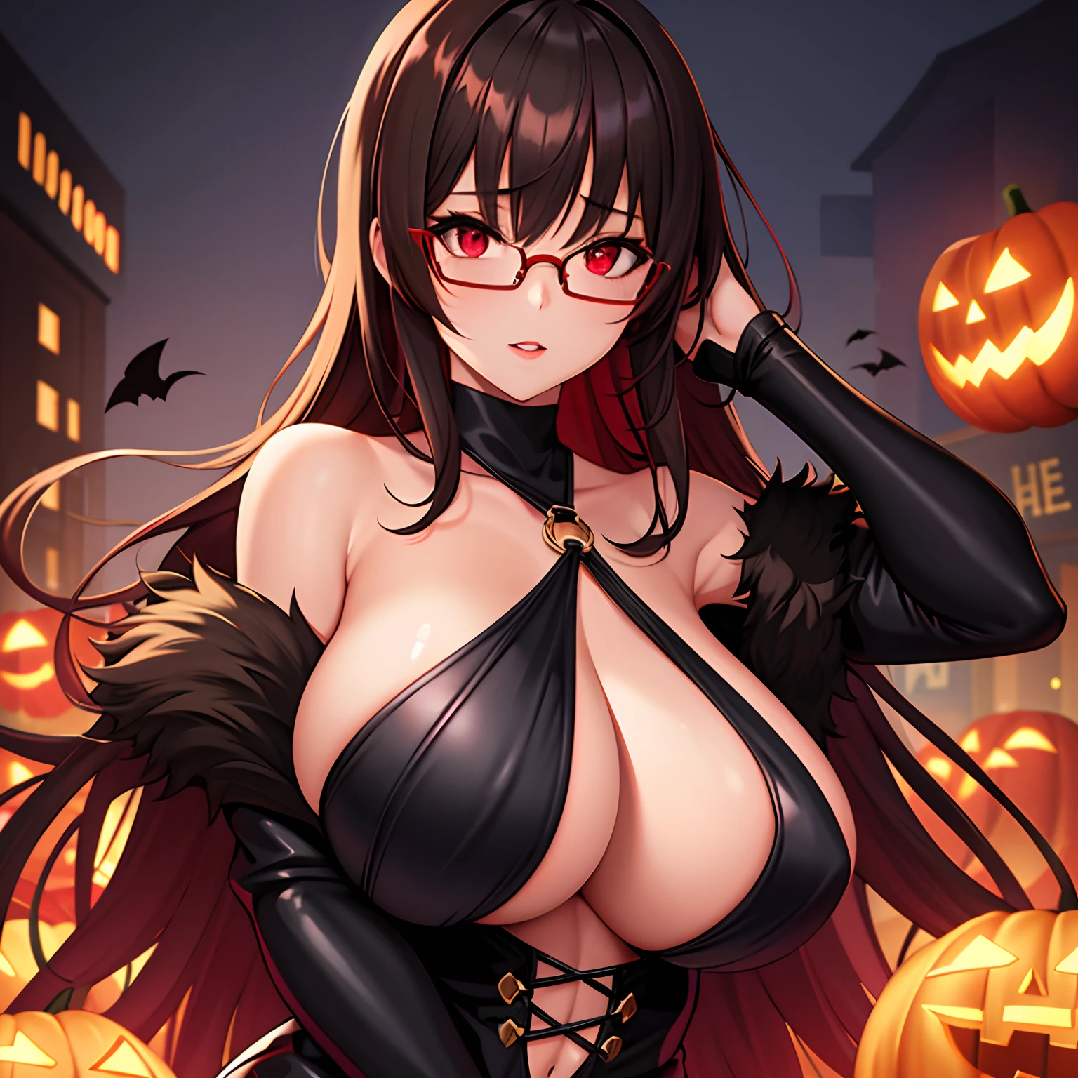 1girl,black sclera, cleavage,upper body, eyelashes, looking at viewer, red eyes, solo,shiny skin,huge breasts,halloween,skull,blood brown hair, tan skin, round glasses