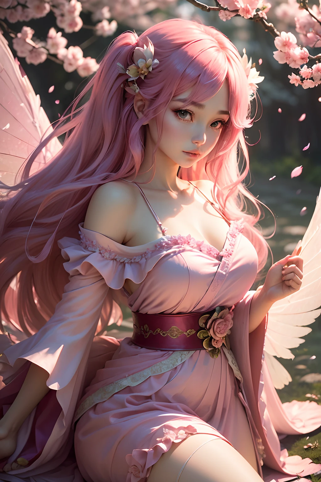 (Best Quality,Ultra-detailed,Realistic:1.37)、Hibiscus Fairy、An 18-year-old woman、独奏、Anthropomorphic hibiscus、(Sharp eyes:1.5)、Bewitching look、Fairy with wings、(Flashy clothes with hibiscus motifs、Emphasis on the characteristics of hibiscus)、Hibiscus garden、Full body