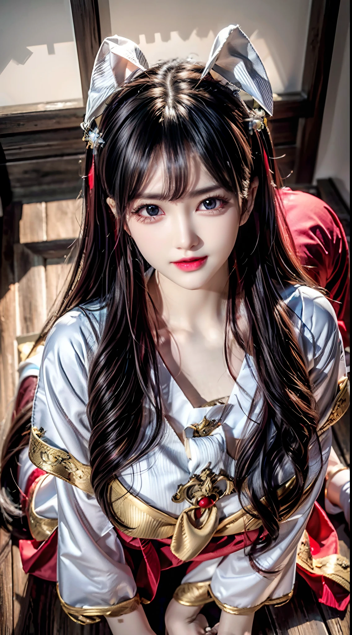 (Best quality,16k wallpaper,high resolution:1.2),Red to silver hair, wavy and long hair, Shiny hair color, Perfectly detailed face, full pouty lips, watery big eyes, Vertical pupils, reflective light, Woman with rabbit ears, Black and white shirt, Lazily lying in a solid wooden box, Soft lighting, full body shot of
